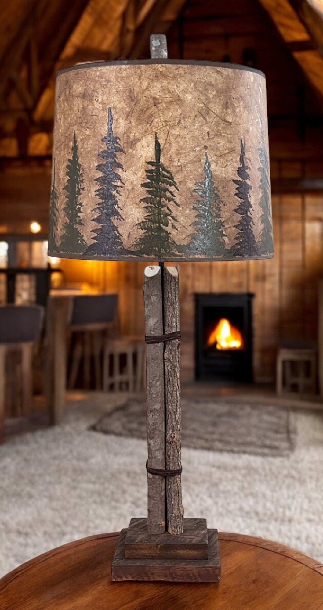 Twig and Leather Table Lamp w/ Rough Sawn Base and Pine Tree Shade