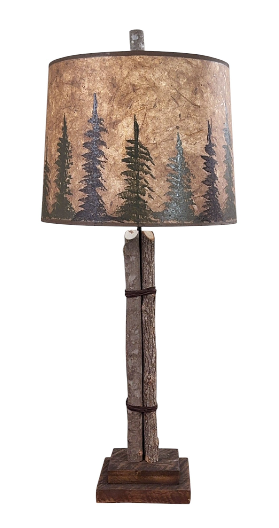 Twig and Leather Table Lamp w/ Rough Sawn Base and Pine Tree Shade