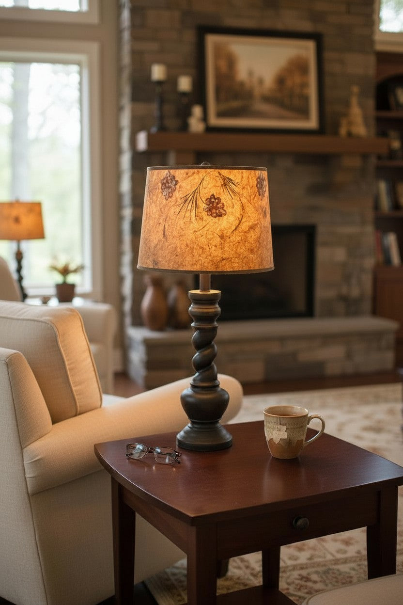 BURNT SIENNA "B" POT WITH A TWIST AND PINE CONE GARLAND SHADE