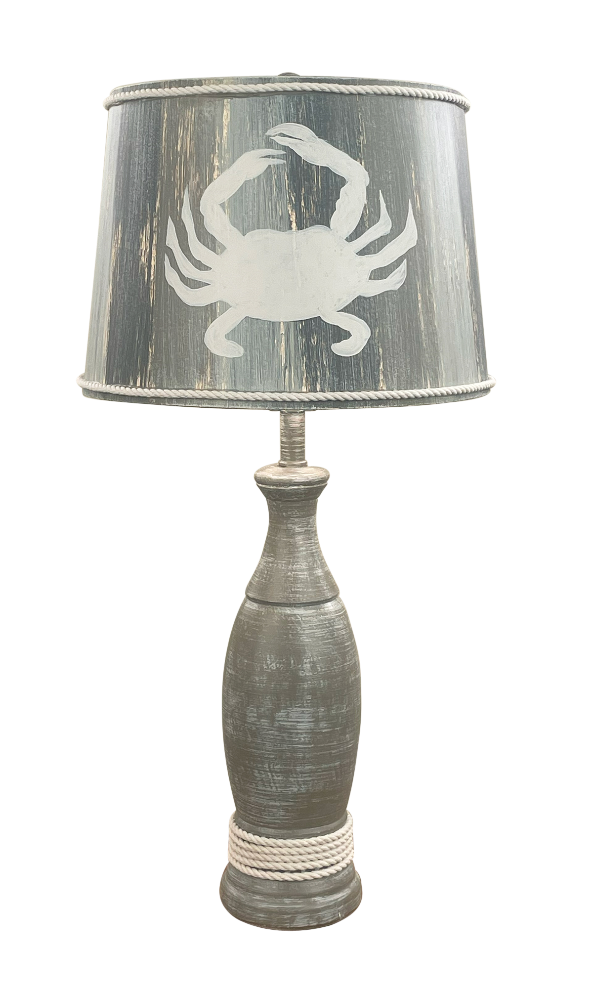 Weathered Grey Casual Pedestal Lamp w/White Rope Accent- Hand painted Crab Shade