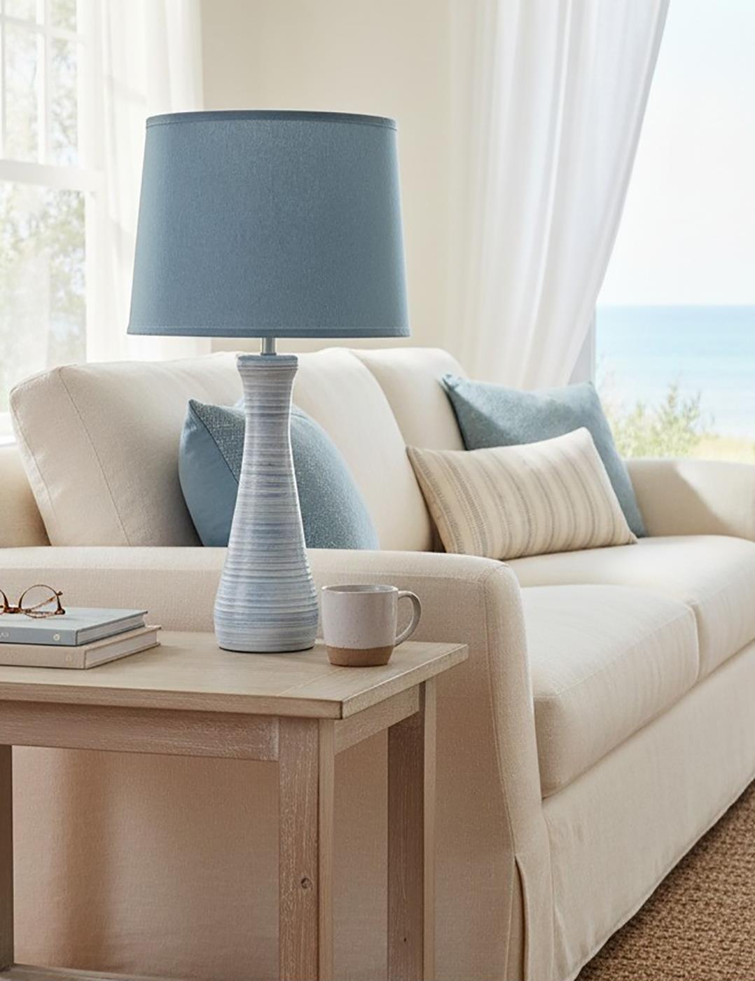 Nude/Atlantic Grey Ribbed Hour Glass Table Lamp with Atlantic Grey Shade