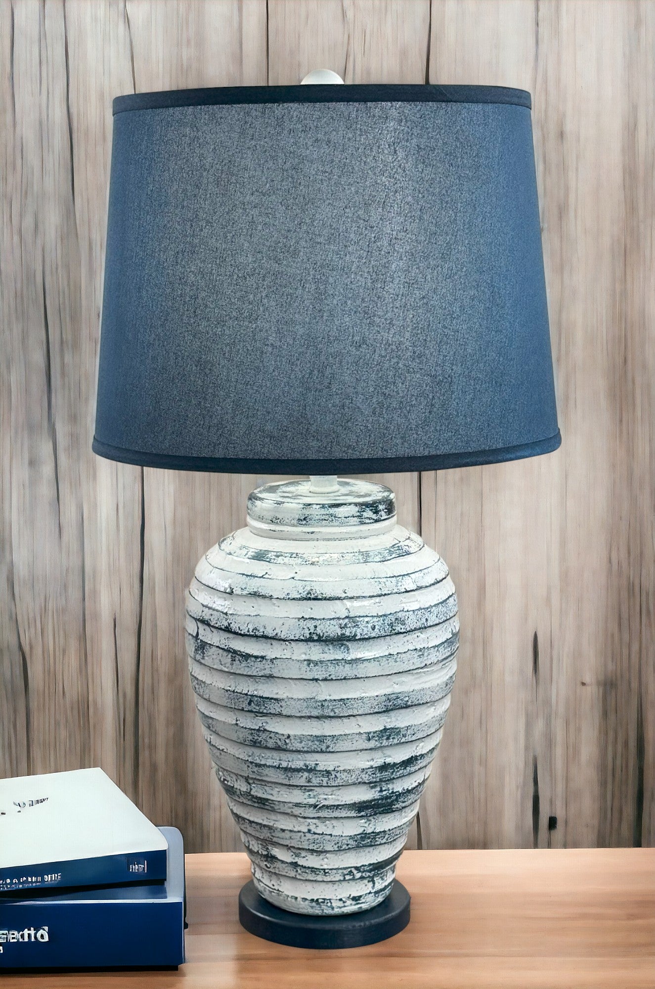 Farmhouse/Navy Small Pottery Table Lamp with Navy Base and Navy Linen Shade - 26.5"