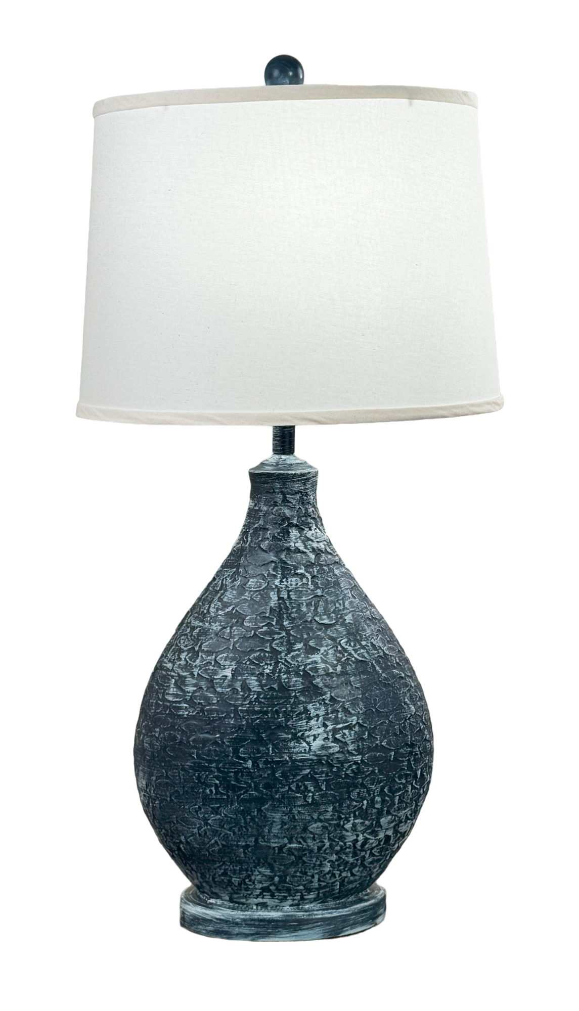 Weathered Navy Oval Table Lamp with Fish Pattern