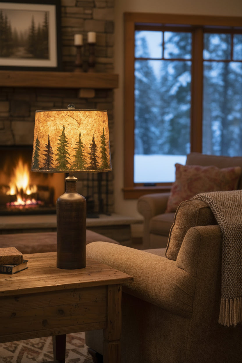 Dark Brown Streak Tall Jug Table Lamp with Tree Grove Shade