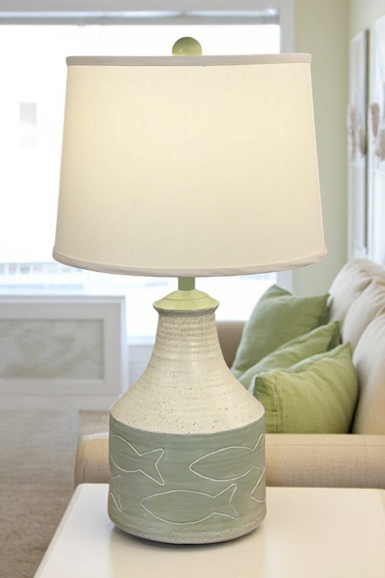 Seagrass/Spindrift Wide Clay Jug with Etched Fish