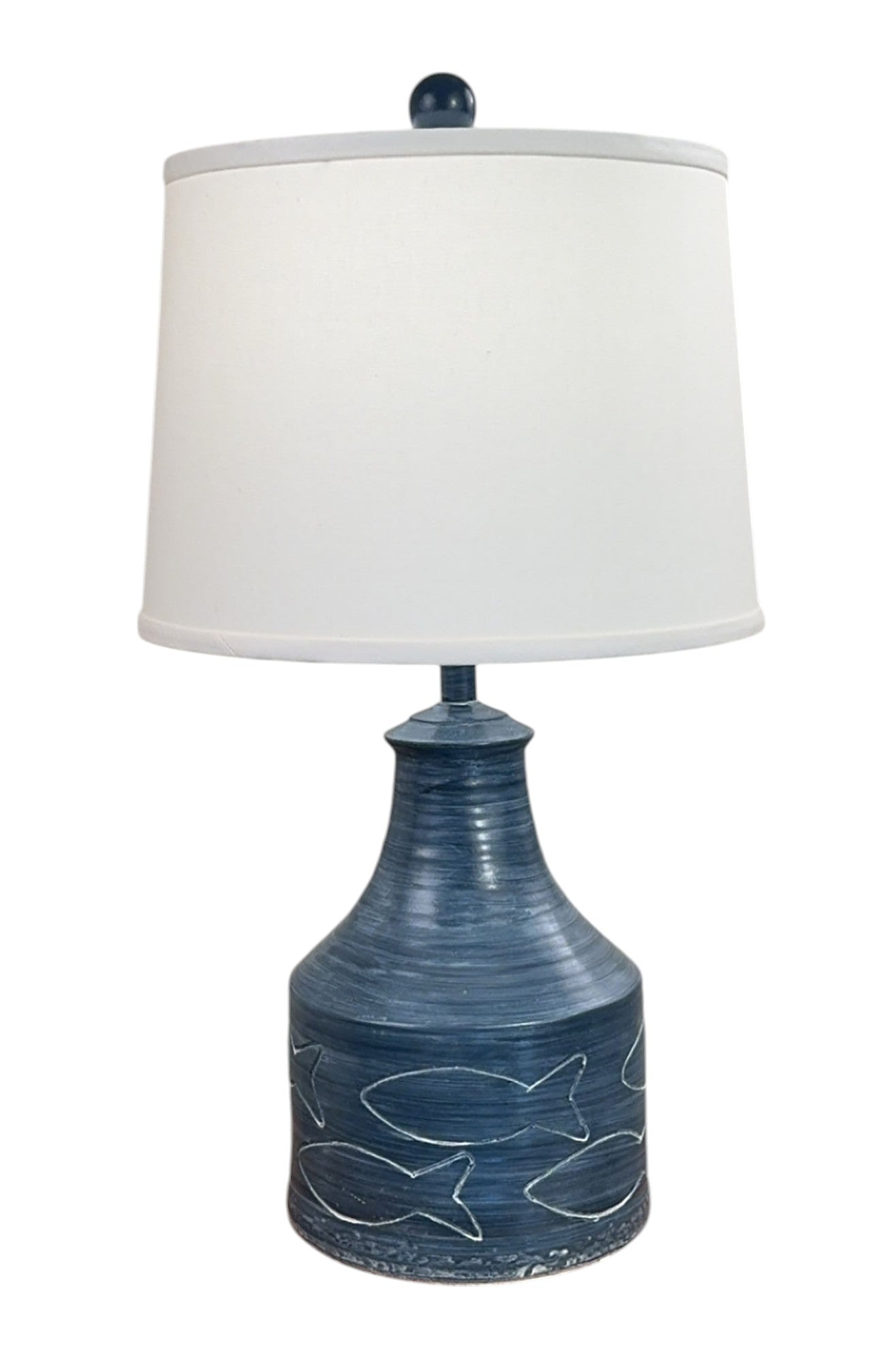 Navy White Washed Wide Clay Jug with Etched Fish - Coast Lamp Shop
