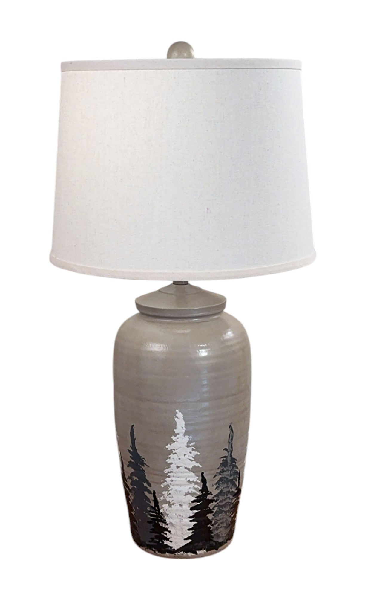 Pale Grey Indented Ginger Jar Table Lamp w/ Hand Painted Black and White Trees