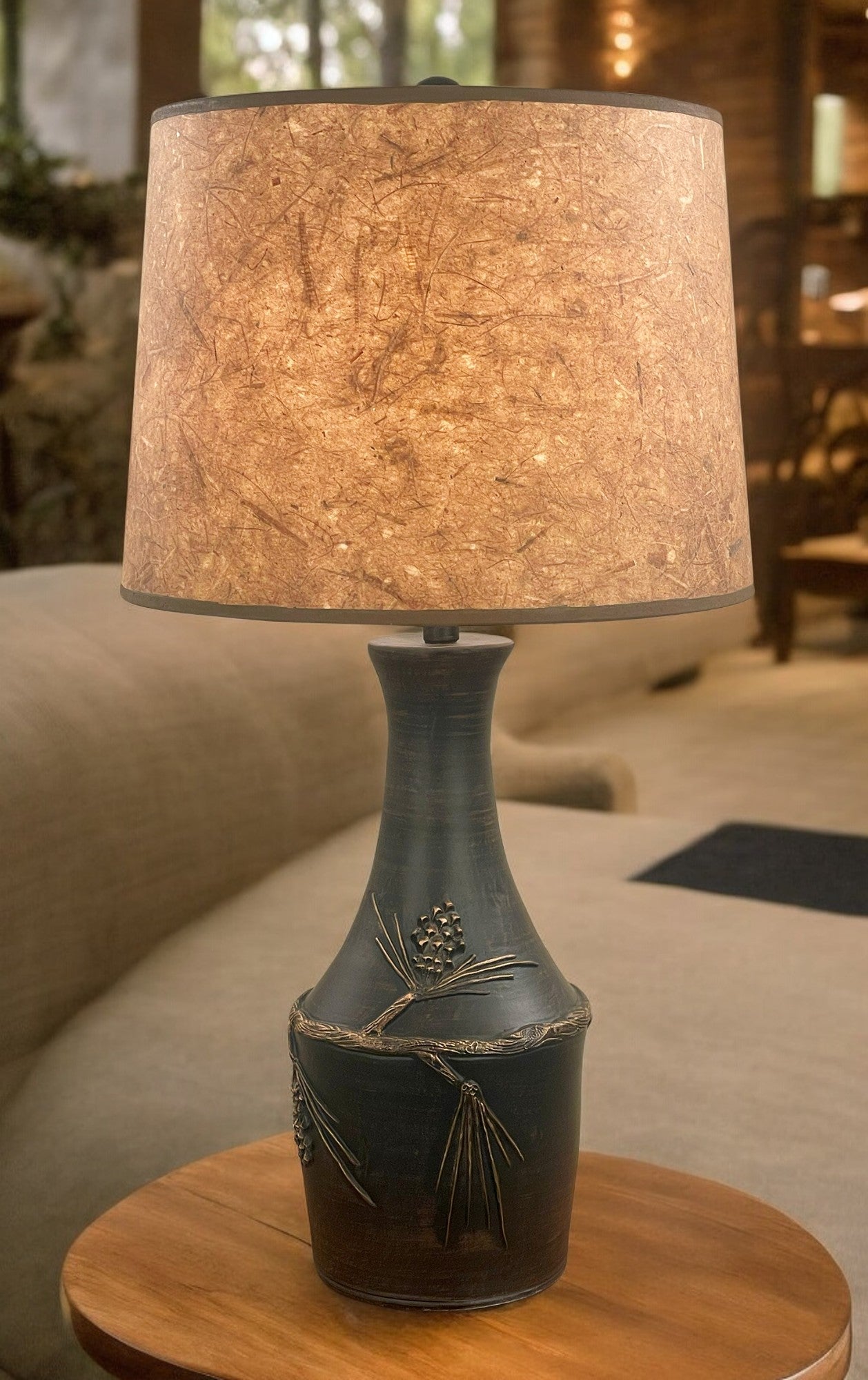 Burnt Sienna/Gold Vase Table Lamp with Pine Cone Accent- Woodchip Shade