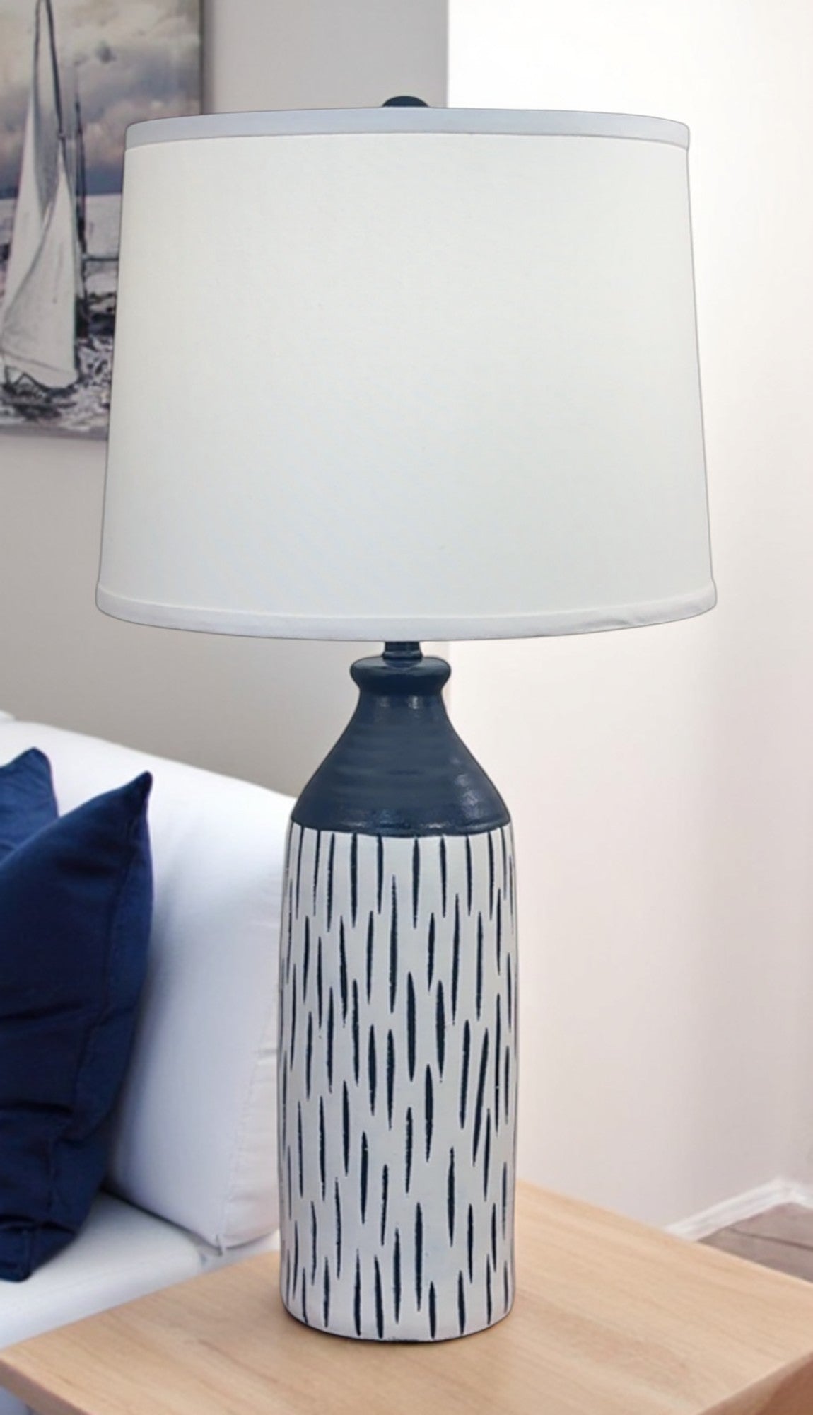 Navy/Ivory Tall Textured Vase with Small Indented Lines