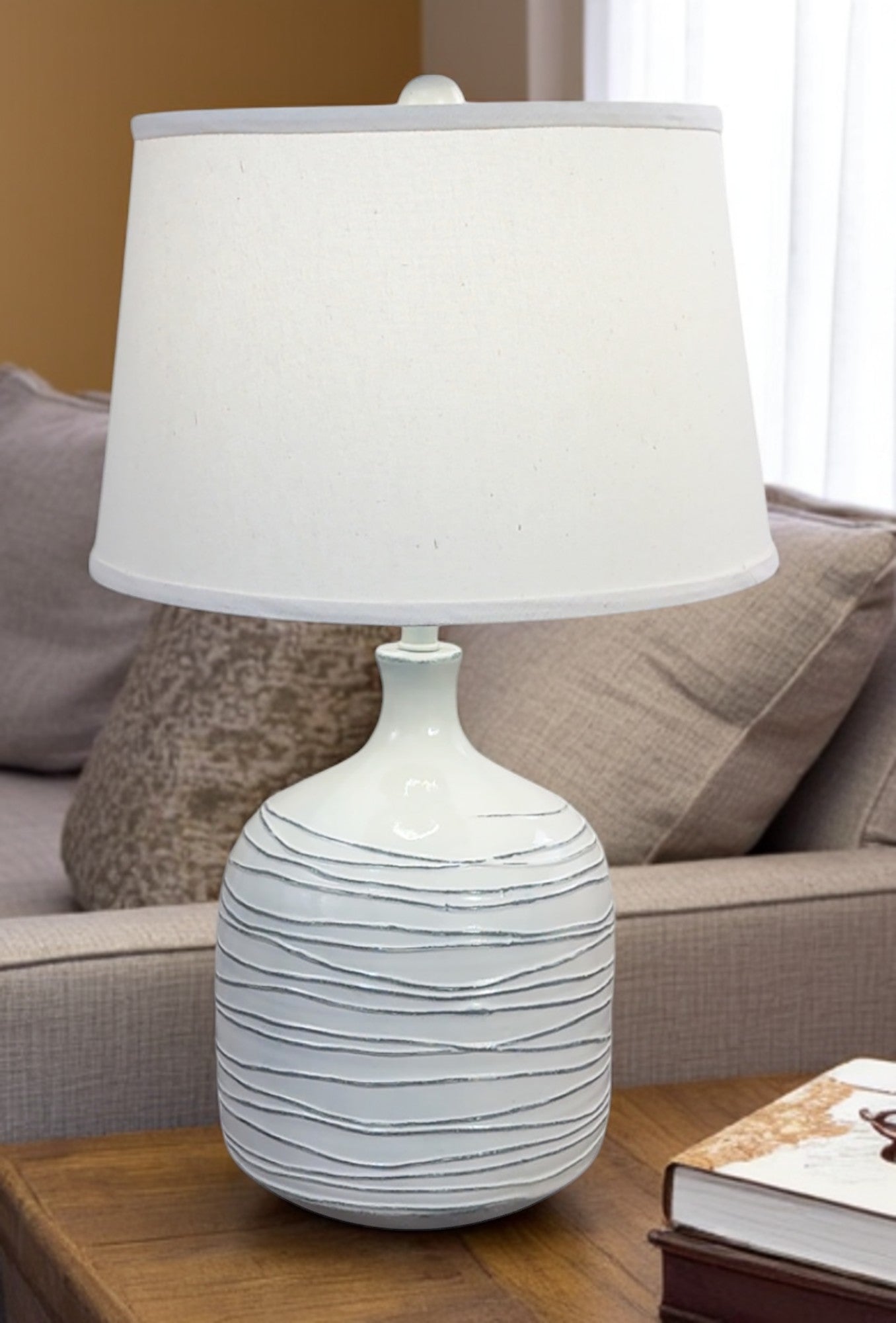Nude/Grey Wide Table Lamp with Horizontal Lines