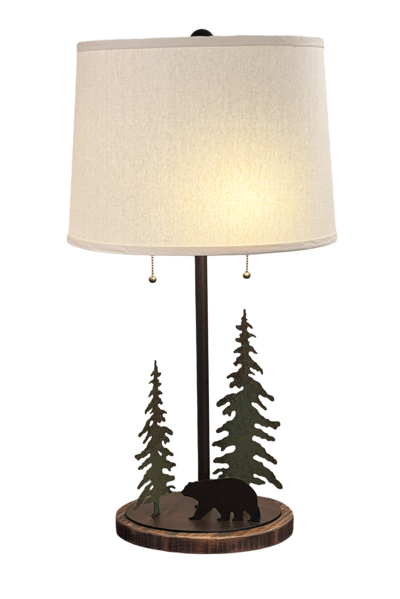 Rugged Pine Iron Bear and Tree Lamp w/ Rough Sawn Base and 2 Bulb Socket