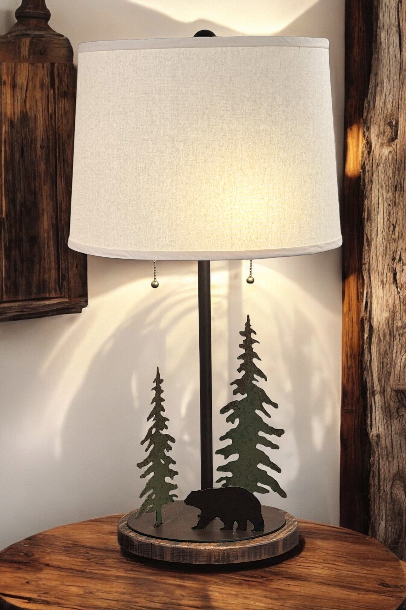 Rugged Pine Iron Bear and Tree Lamp w/ Rough Sawn Base and 2 Bulb Socket