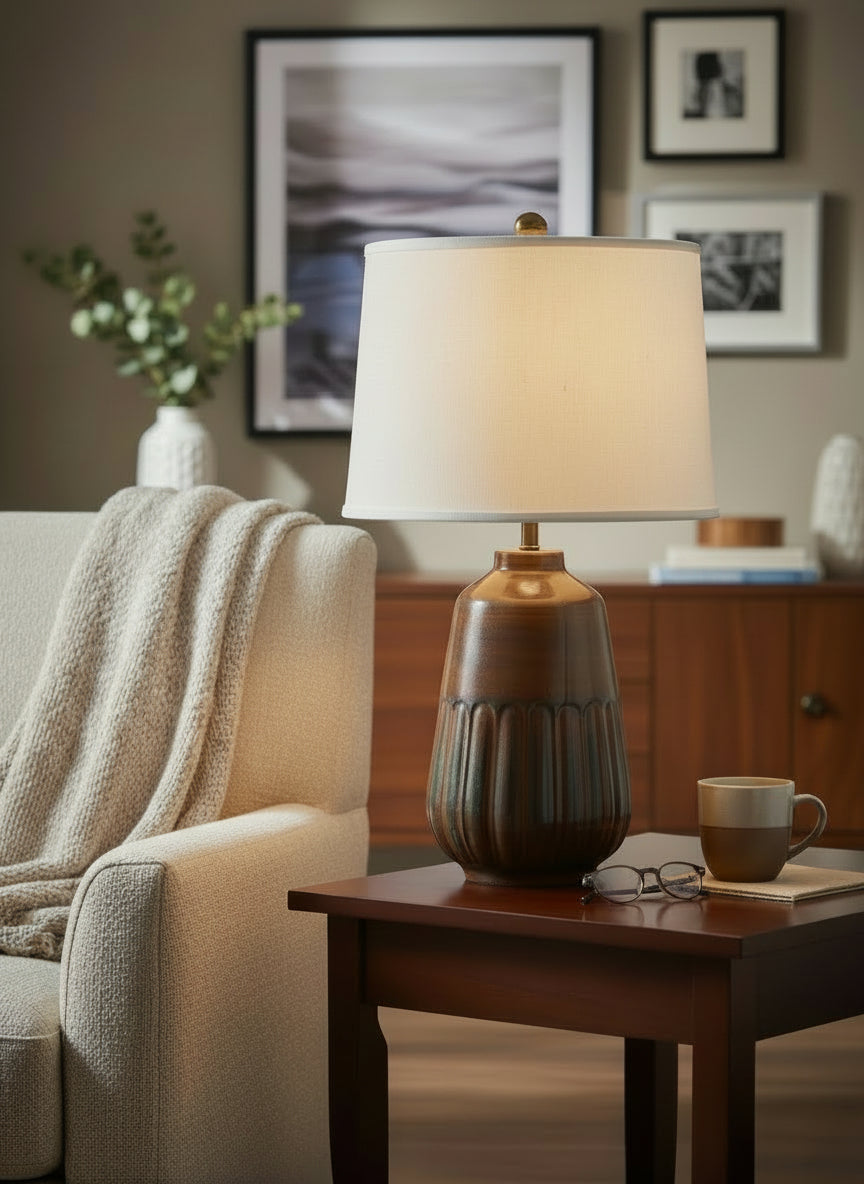 Distressed Camel Fluted Base Table Lamp - Coast Lamp Shop