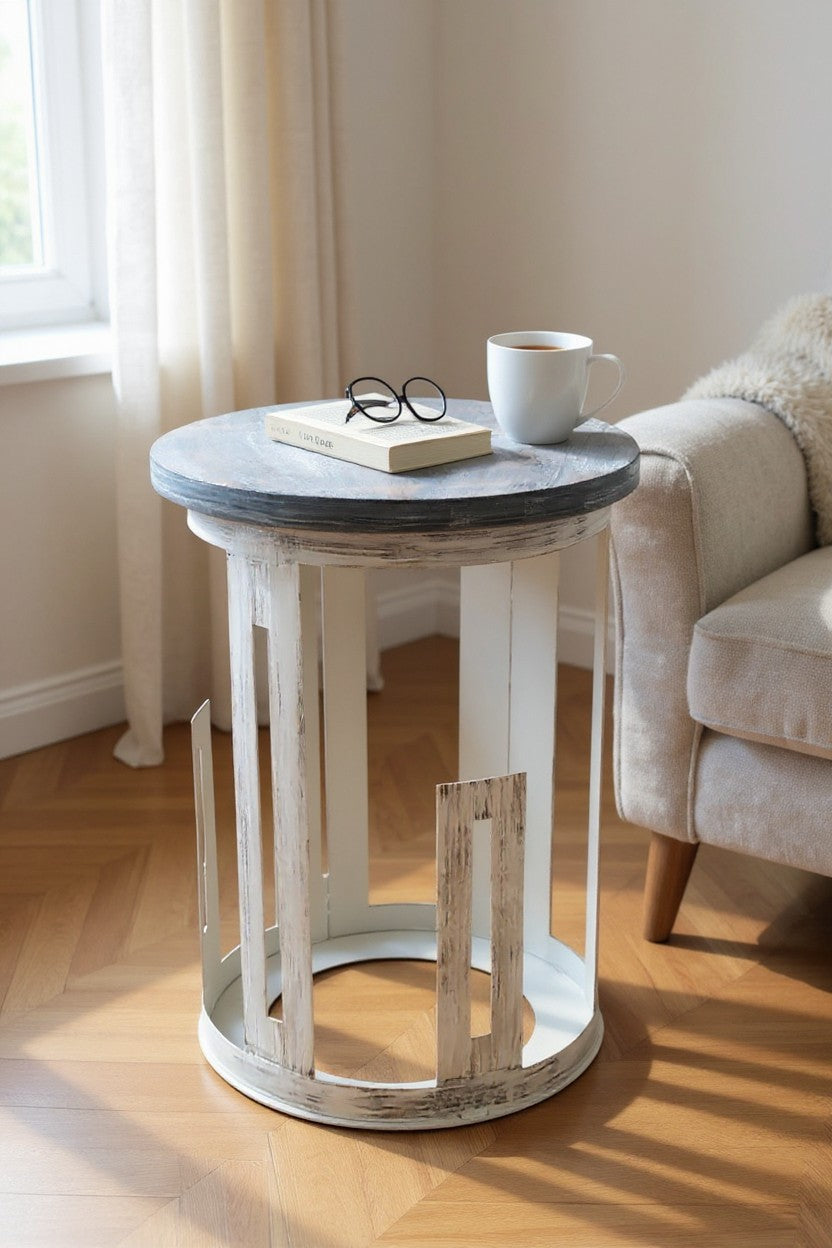 Cottage/White Washed Navy Mission Style Cylinder End Table