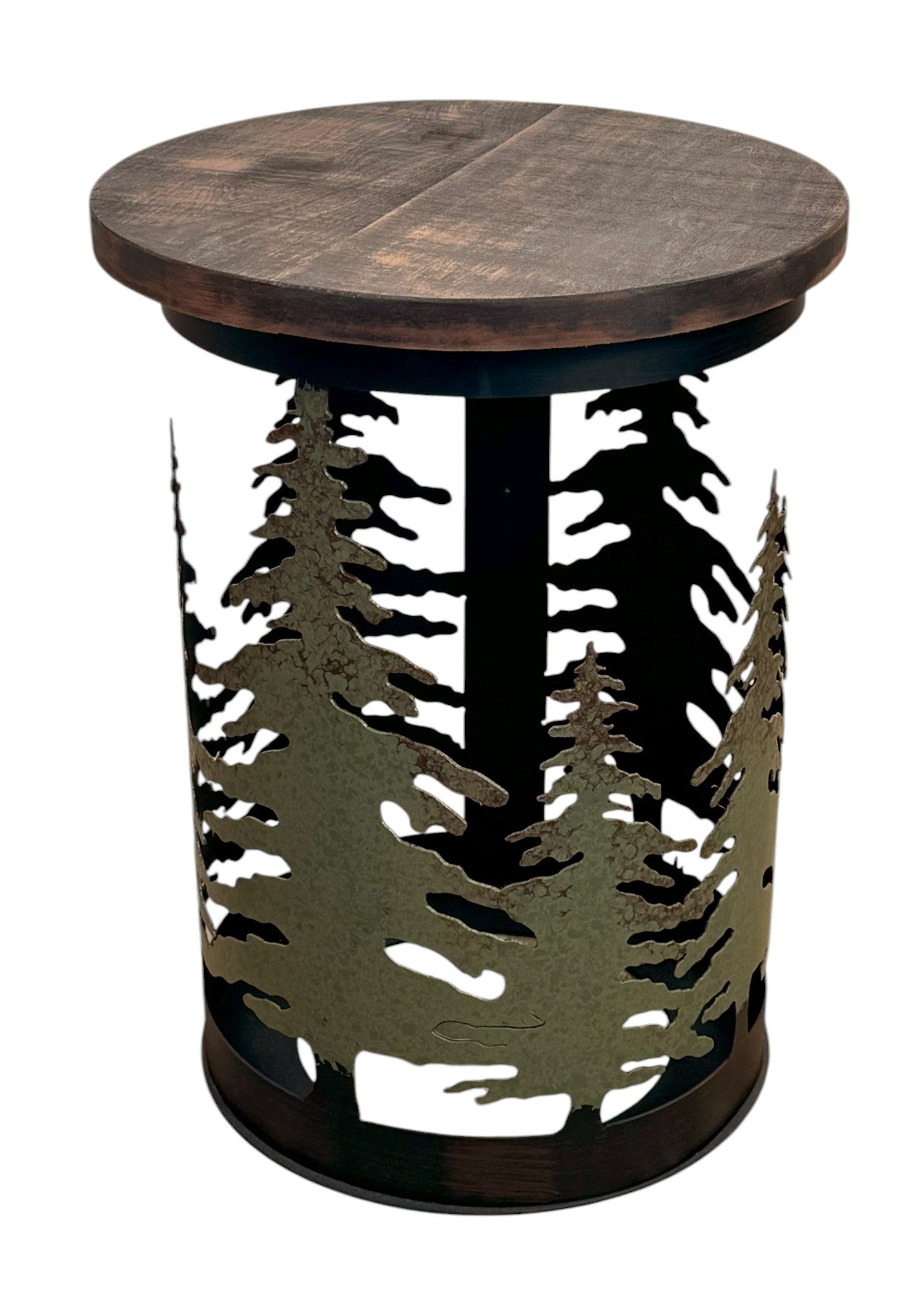 RUGGED PINE IRON CYLINDER END TABLE WITH FEATHER TREE ACCENT AND ROUGH SAWN TOP