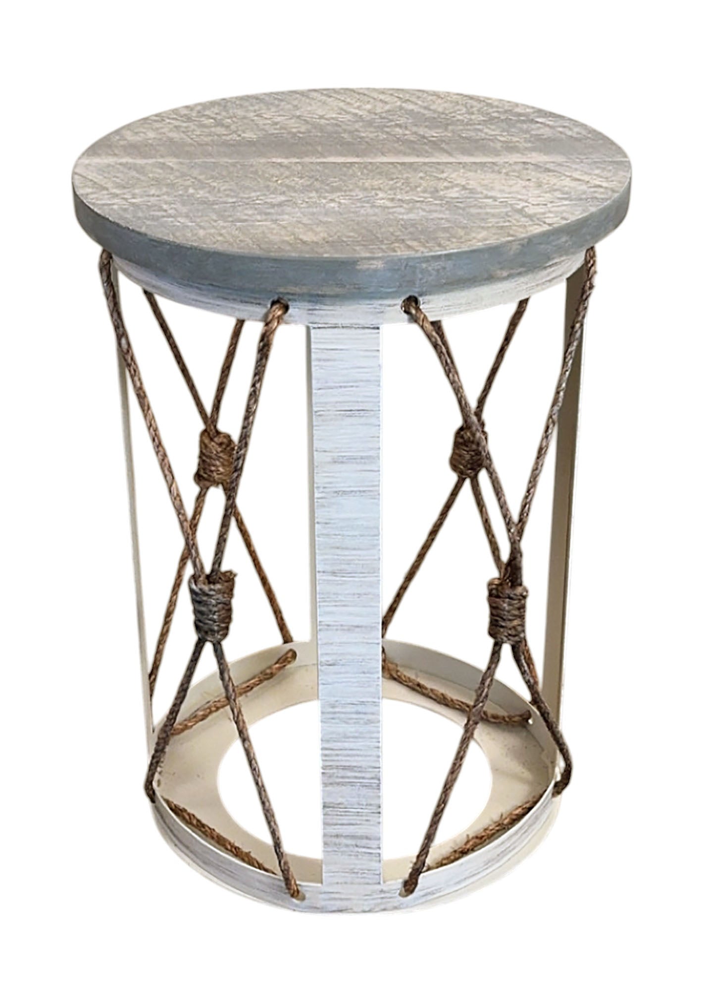 Cottage/Rough Grey Iron Cylinder End Table with Knotted Rope Accent