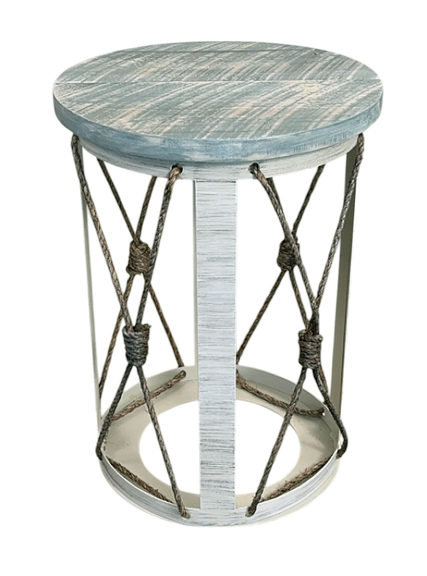 Cottage/Rough Slate Iron Cylinder End Table with Knotted Rope Accent