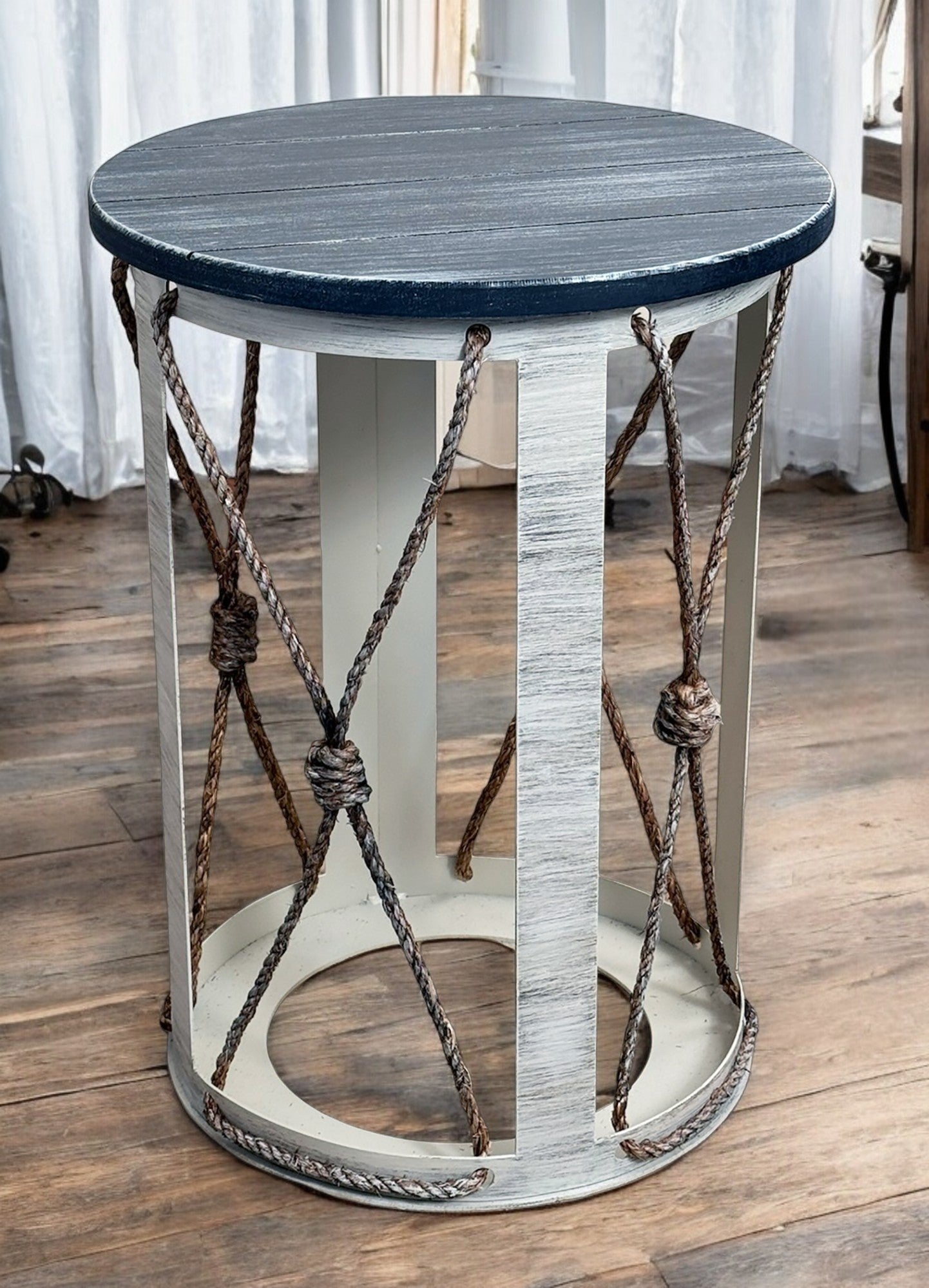 Iron Cylinder End Table with Knotted Rope Accent