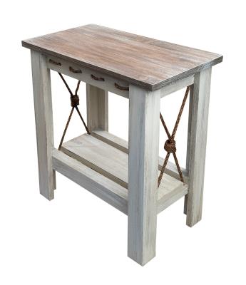 Weathered Grey All Wood Side Table with Slat Shelf and Knotted Rope Accent