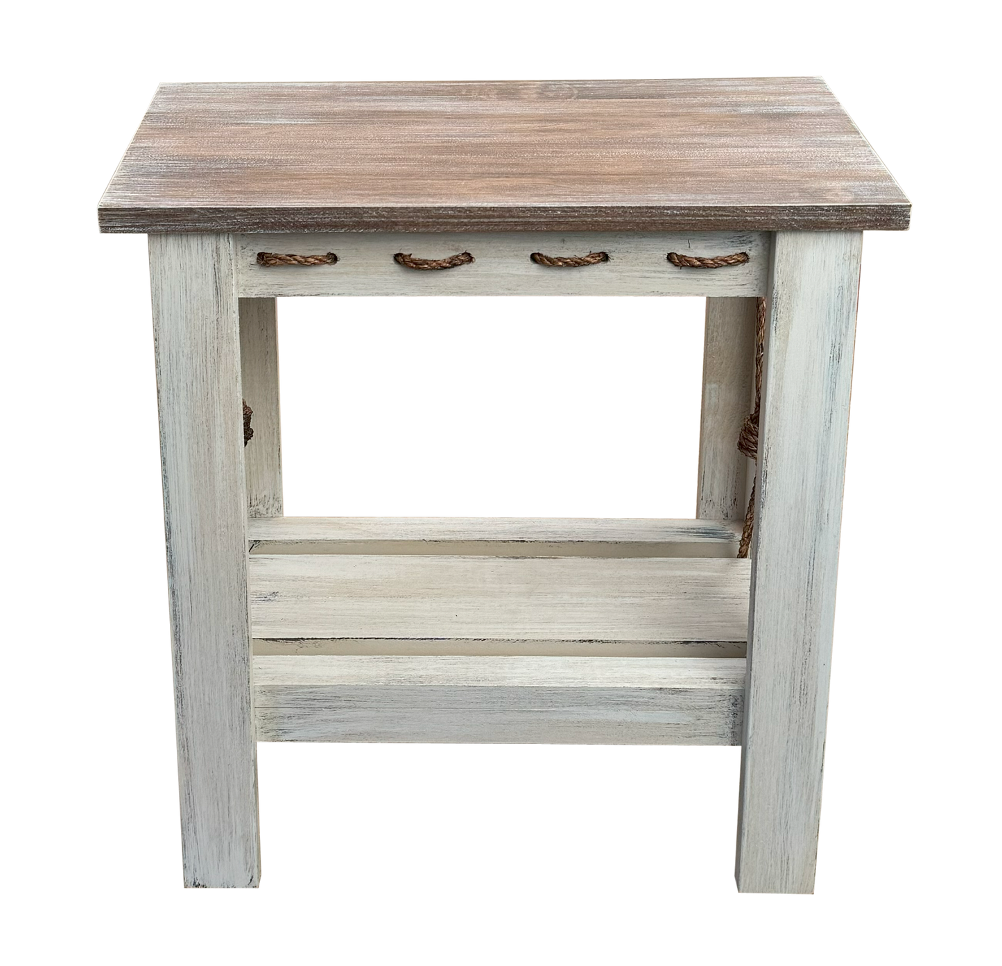 Weathered Grey All Wood Side Table with Slat Shelf and Knotted Rope Accent