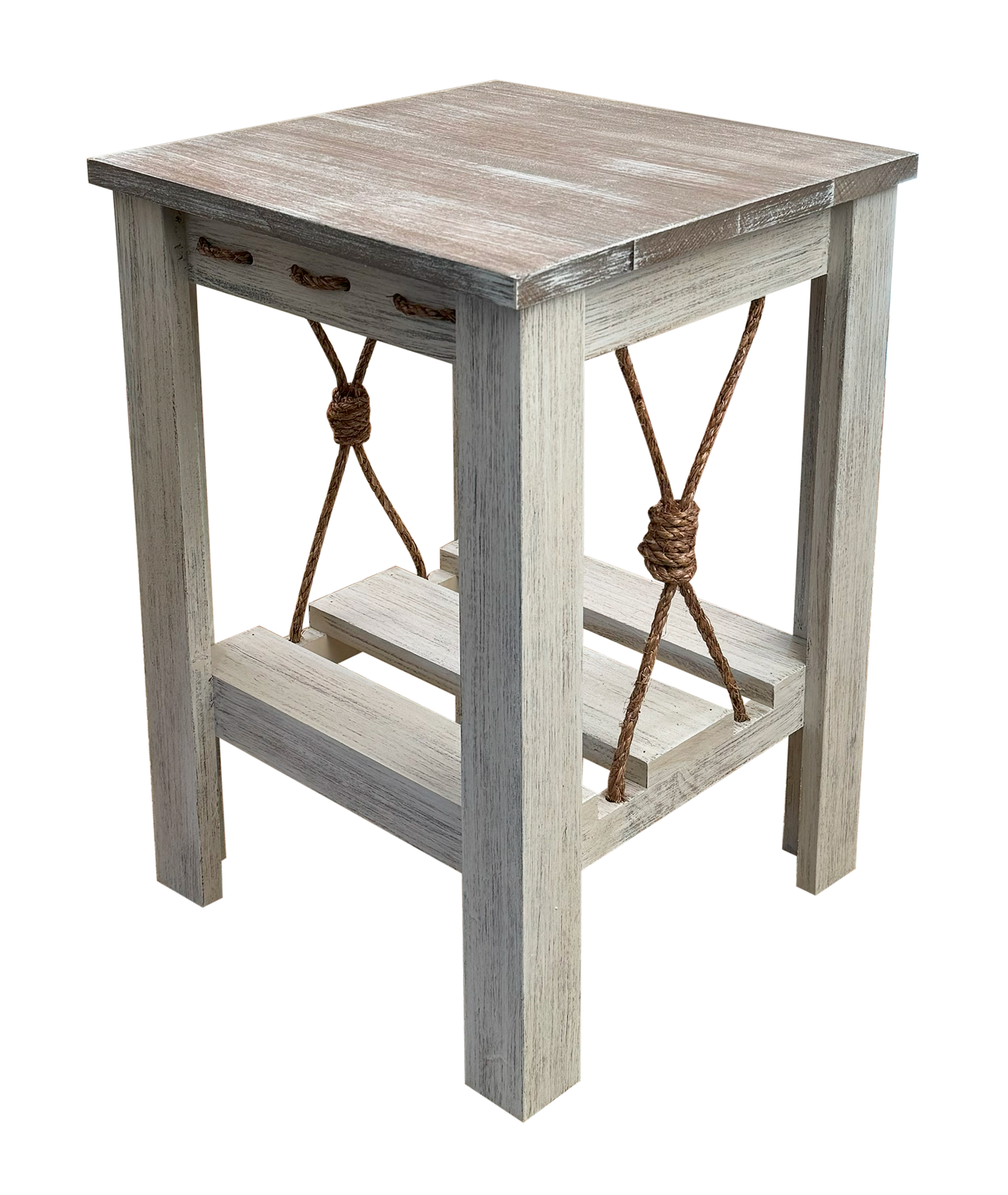 17" Square All Wood End Table with Slat Shelf and Knotted Rope Accent