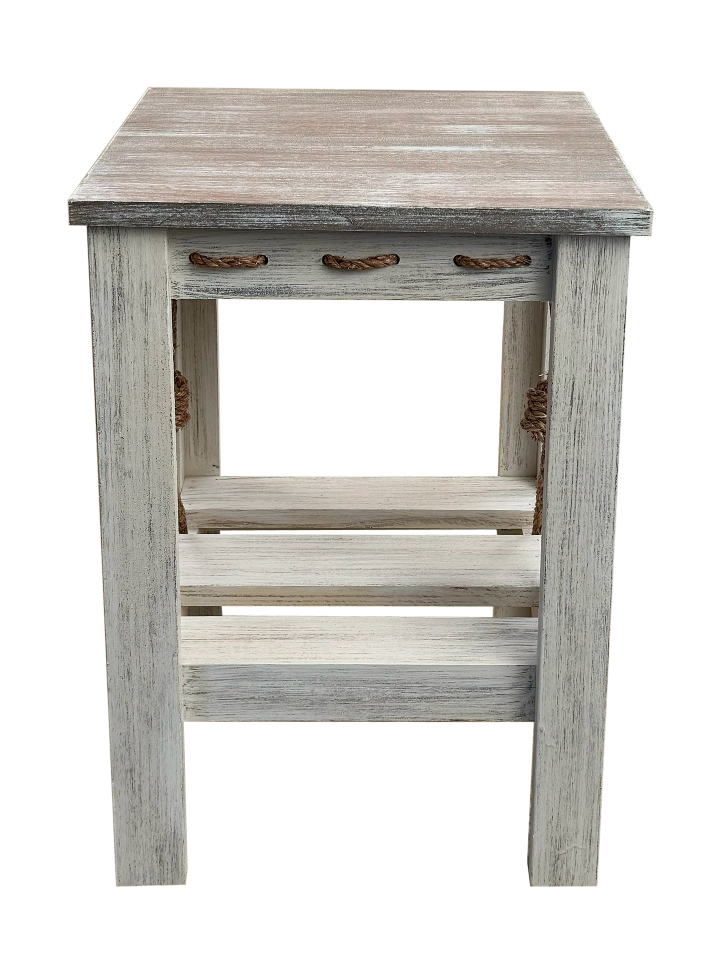 17" Square All Wood End Table with Slat Shelf and Knotted Rope Accent