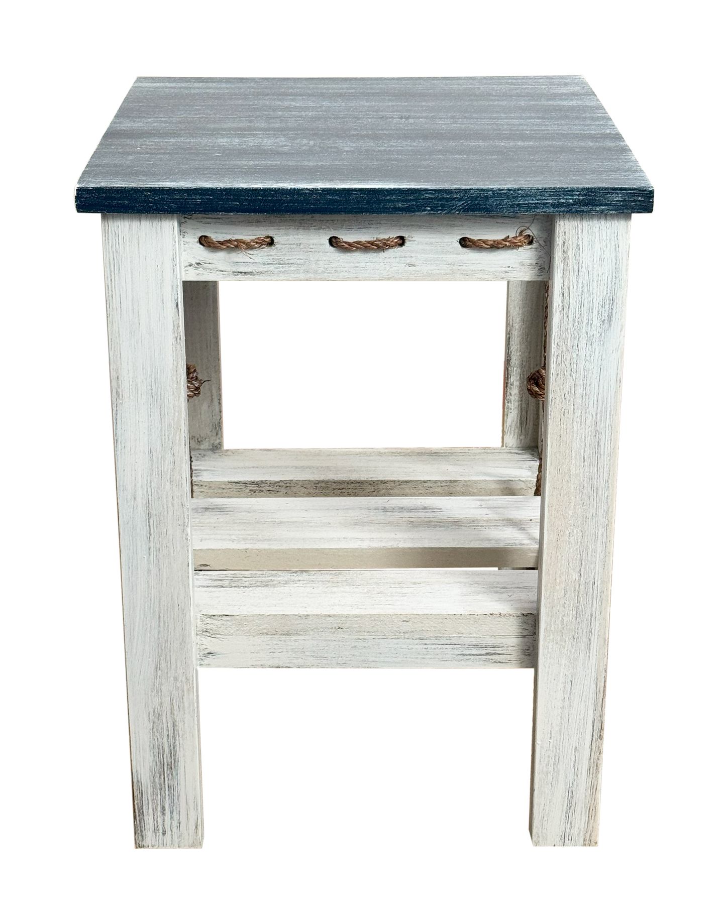 17" Square All Wood End Table with Slat Shelf and Knotted Rope Accent