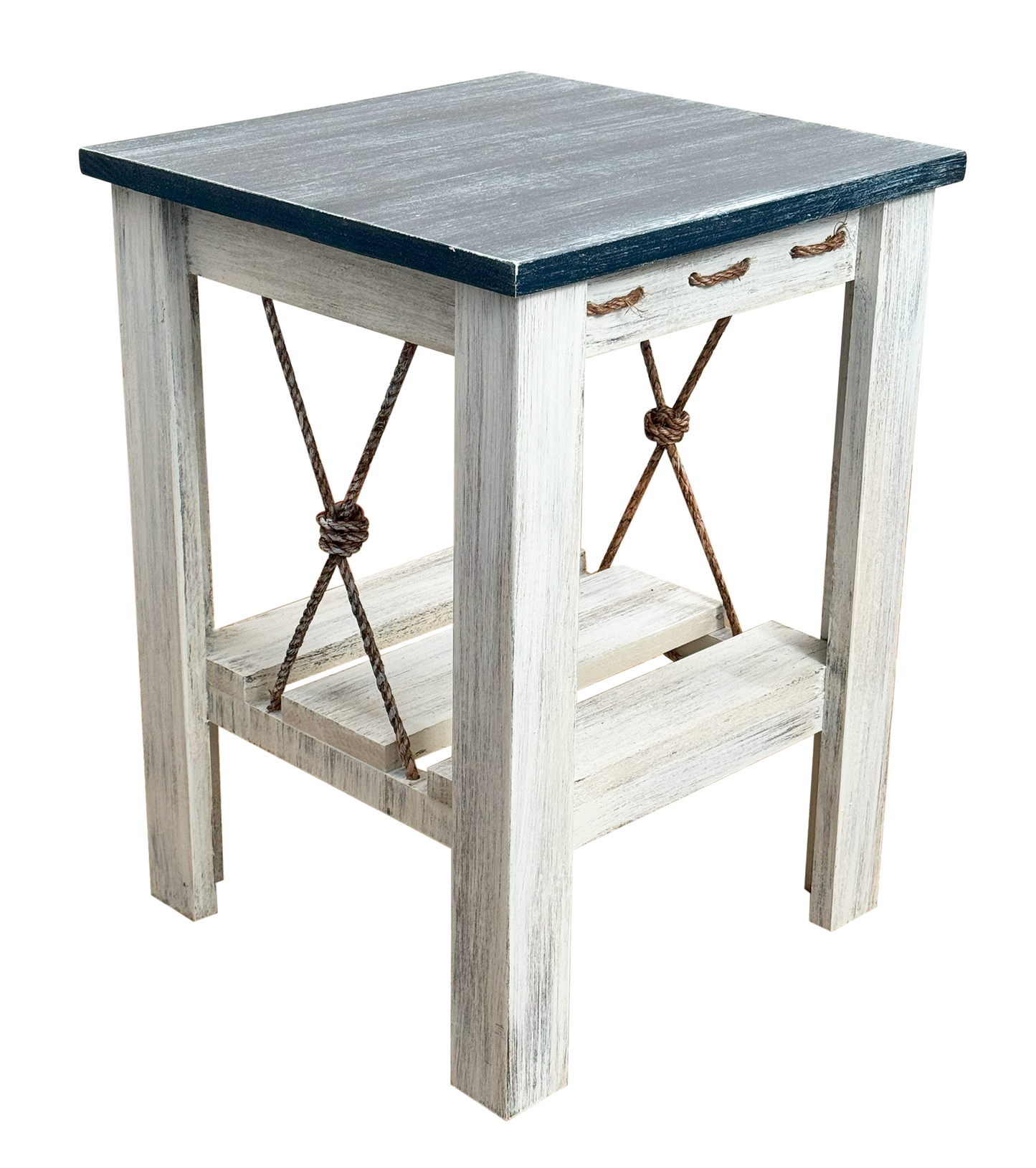 17" Square All Wood End Table with Slat Shelf and Knotted Rope Accent