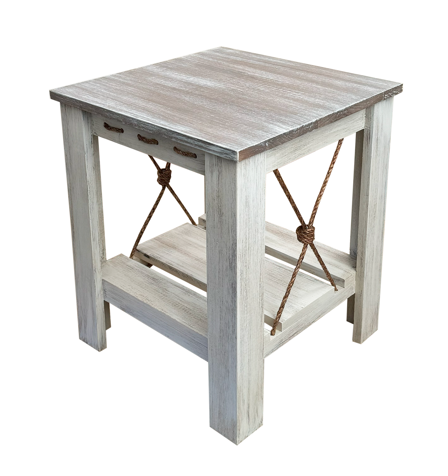 21" Square All Wood End Table with Slat Shelf and Knotted Rope Accent