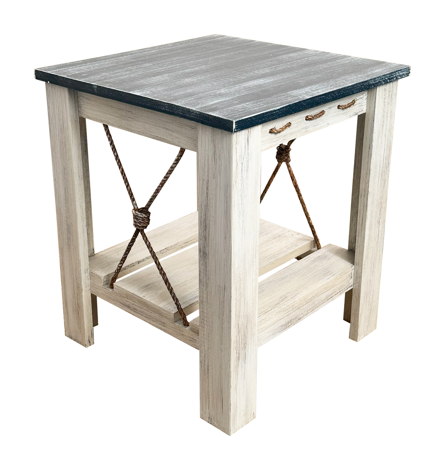 21" Square All Wood End Table with Slat Shelf and Knotted Rope Accent