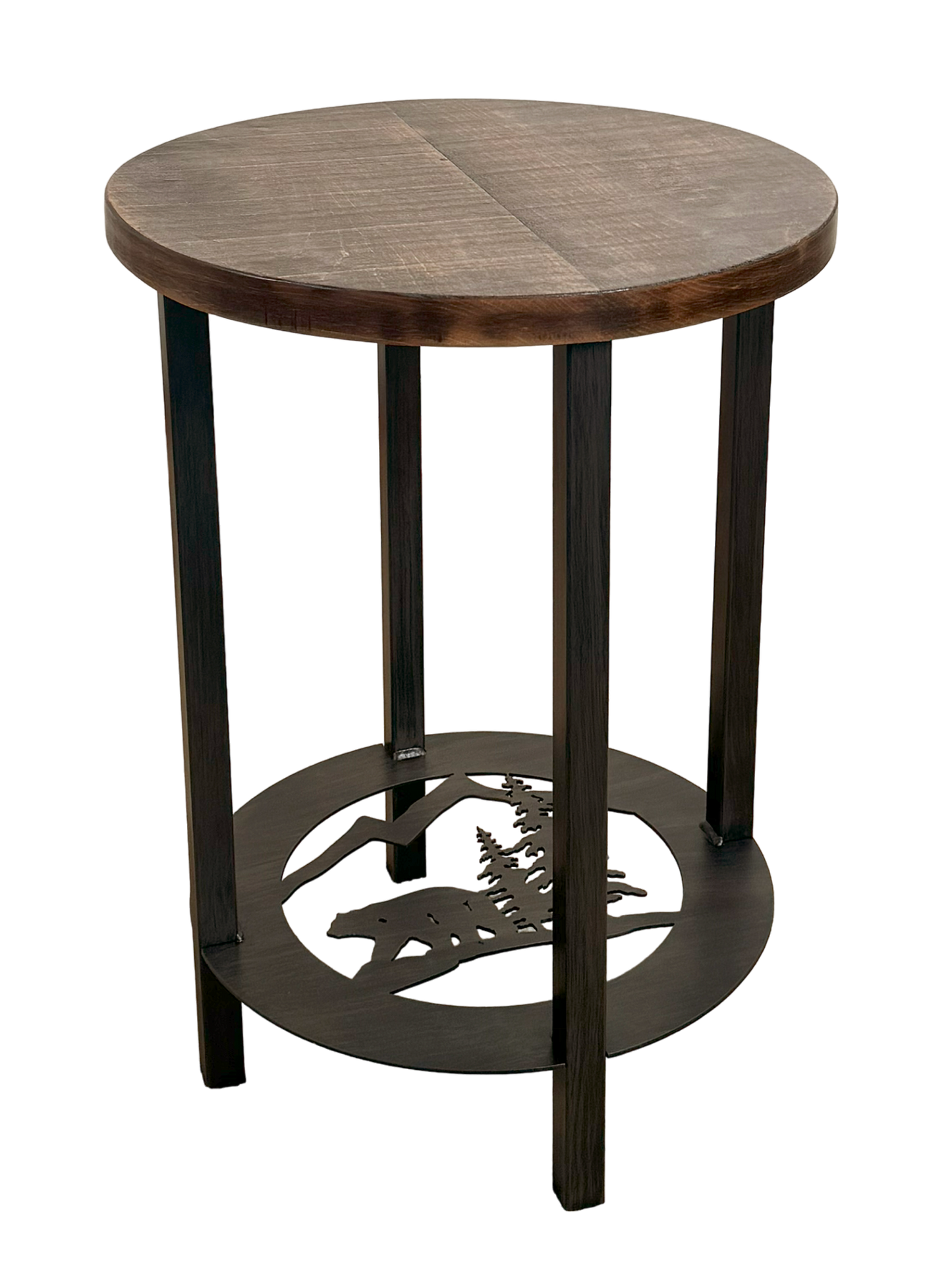 Kodiak Round Iron/Rough Sawn Wood End Table with Bear Scene