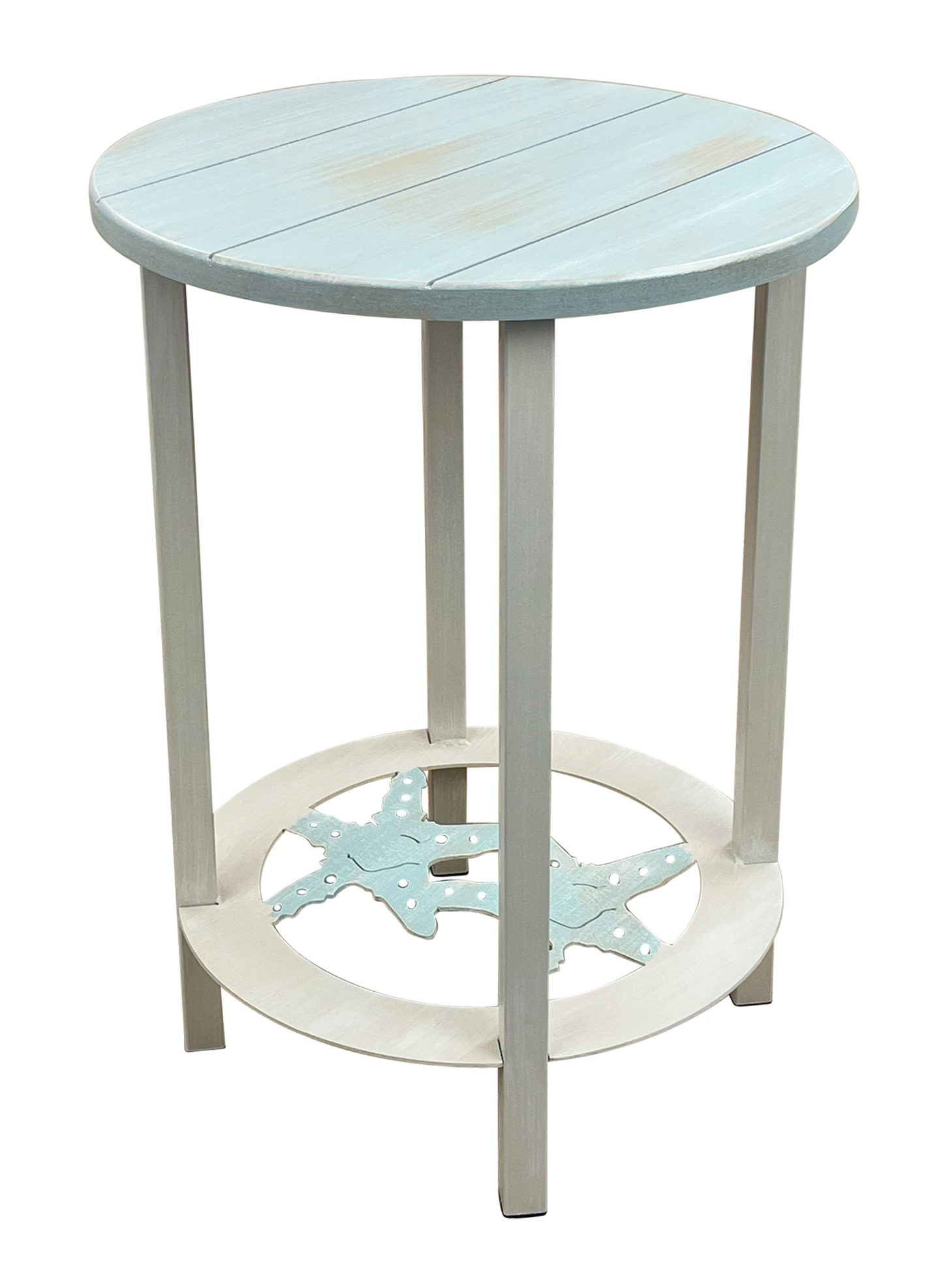 Weathered Cottage/Beachside Accent Round End Table with Starfish Accent