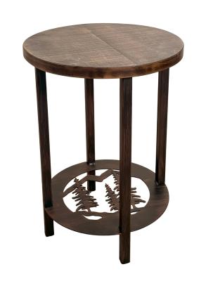 BURNT SIENNA ROUND END TABLE WITH TREE SCENE AND ROUGH SAWN TOP