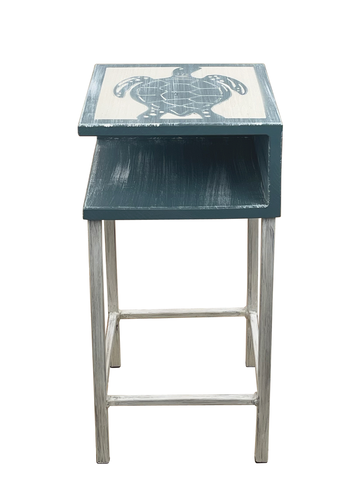 COTTAGE/WEATHERED RIVERWAY WOODEN DRINK TABLE WITH IRON BASE AND SHELF- ETCHED TURTLE ACCENT