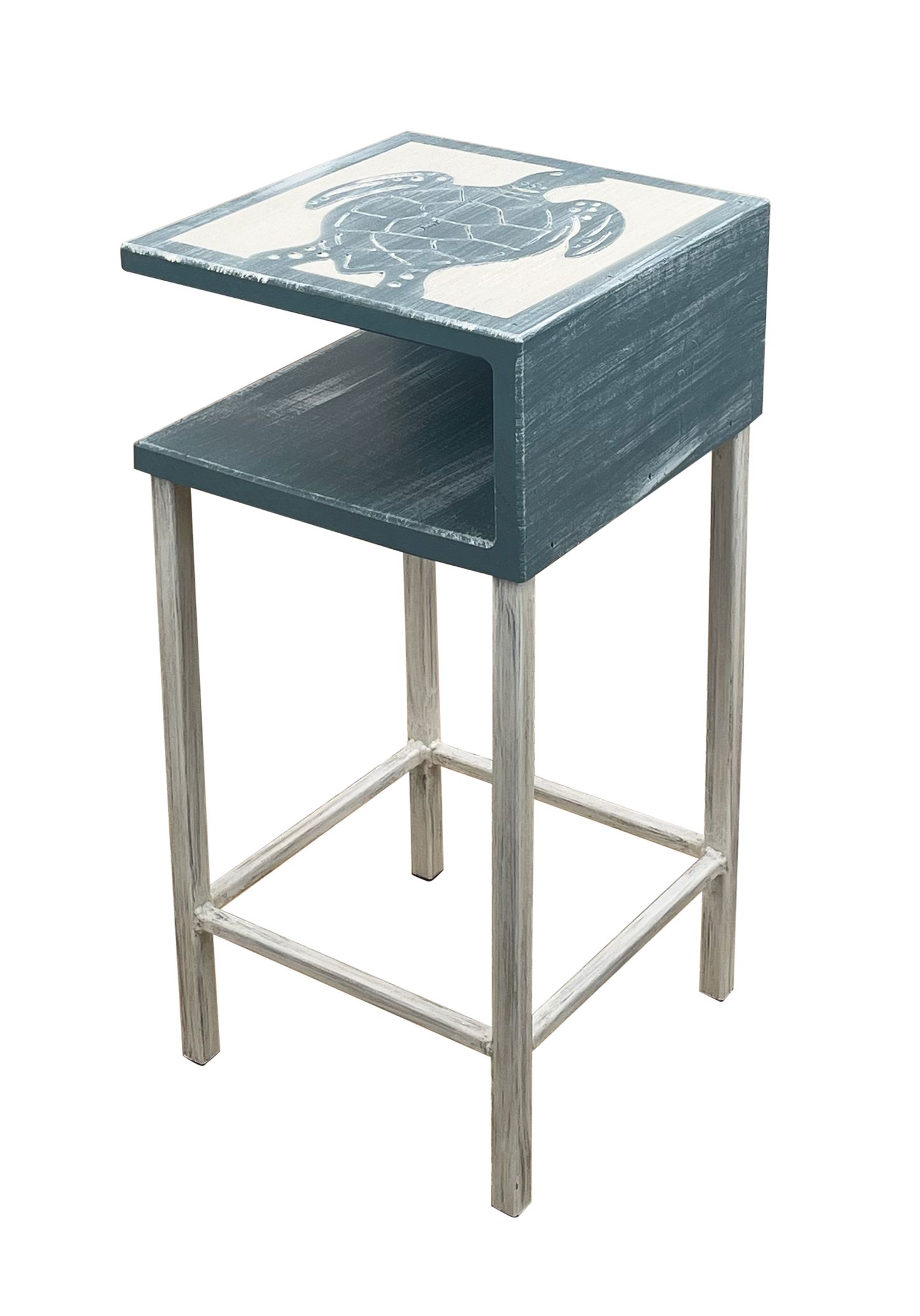 COTTAGE/WEATHERED RIVERWAY WOODEN DRINK TABLE WITH IRON BASE AND SHELF- ETCHED TURTLE ACCENT