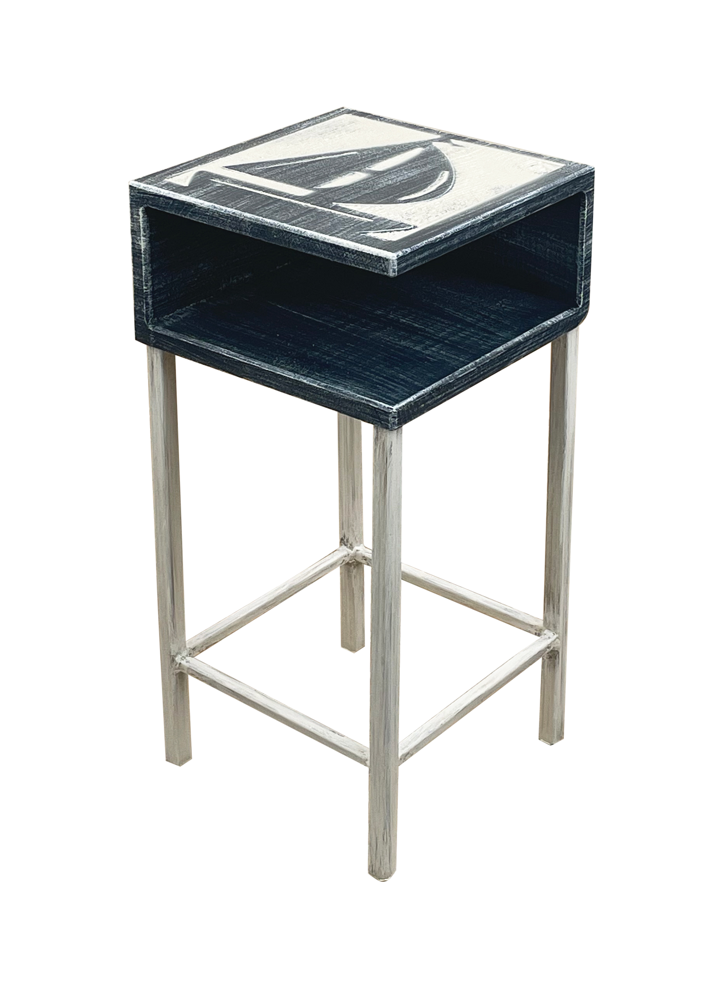 COTTAGE/WEATHERED NAVY WOODEN DRINK TABLE WITH IRON BASE AND SHELF- ETCHED SAILBOAT ACCENT