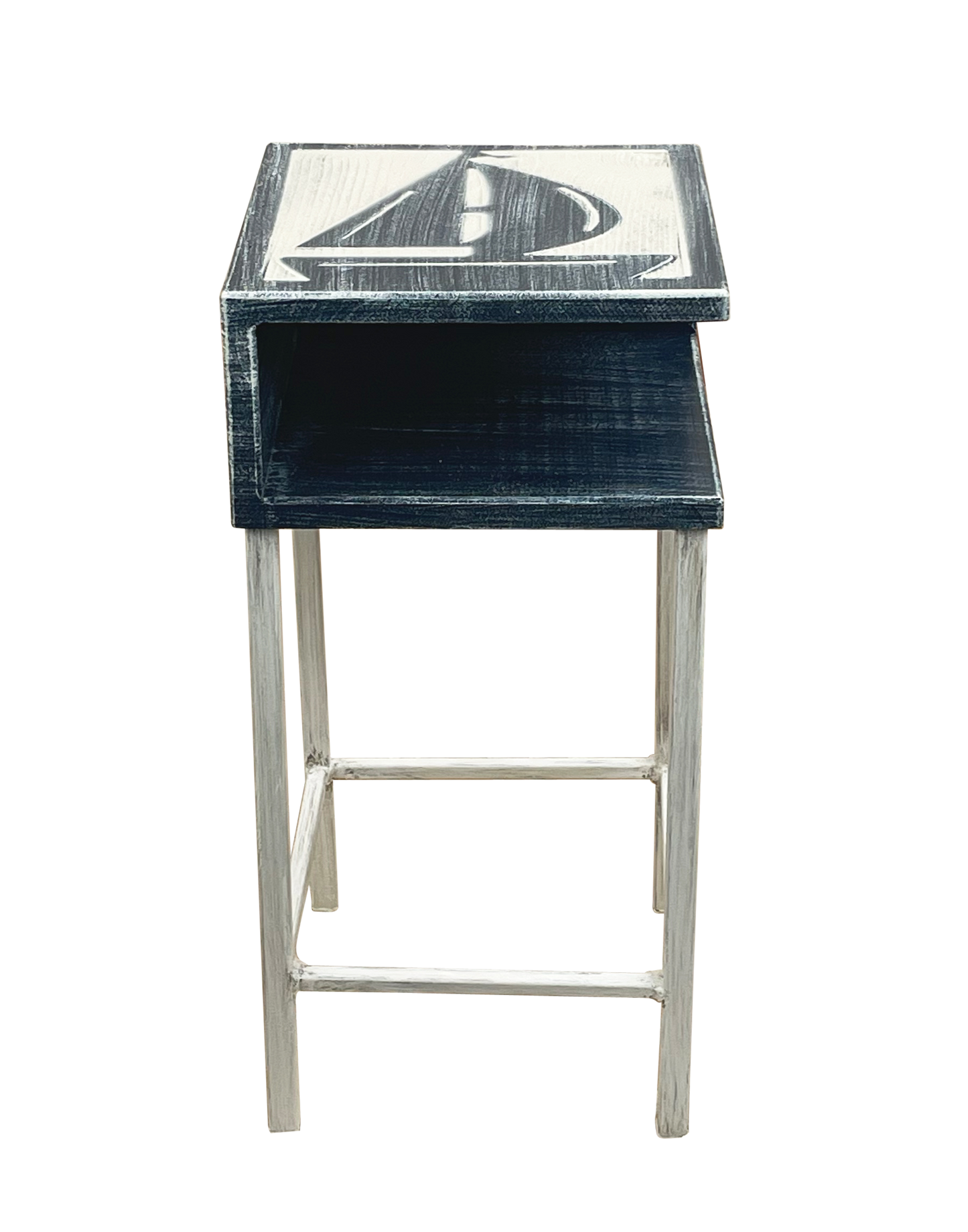 COTTAGE/WEATHERED NAVY WOODEN DRINK TABLE WITH IRON BASE AND SHELF- ETCHED SAILBOAT ACCENT