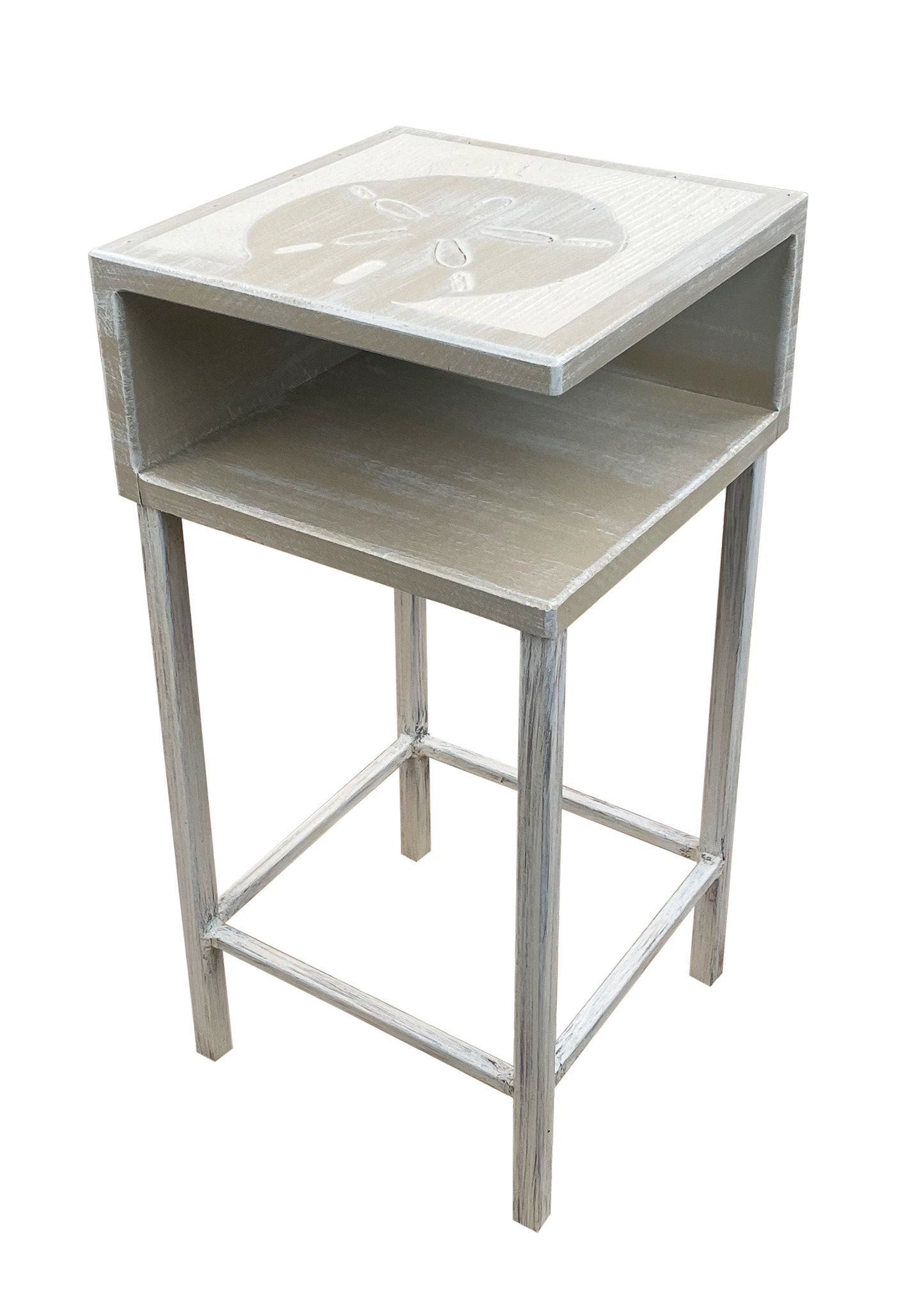 Cottage/Sisal Wooden Drink Table with Etched Sand Dollar Top and Shelf