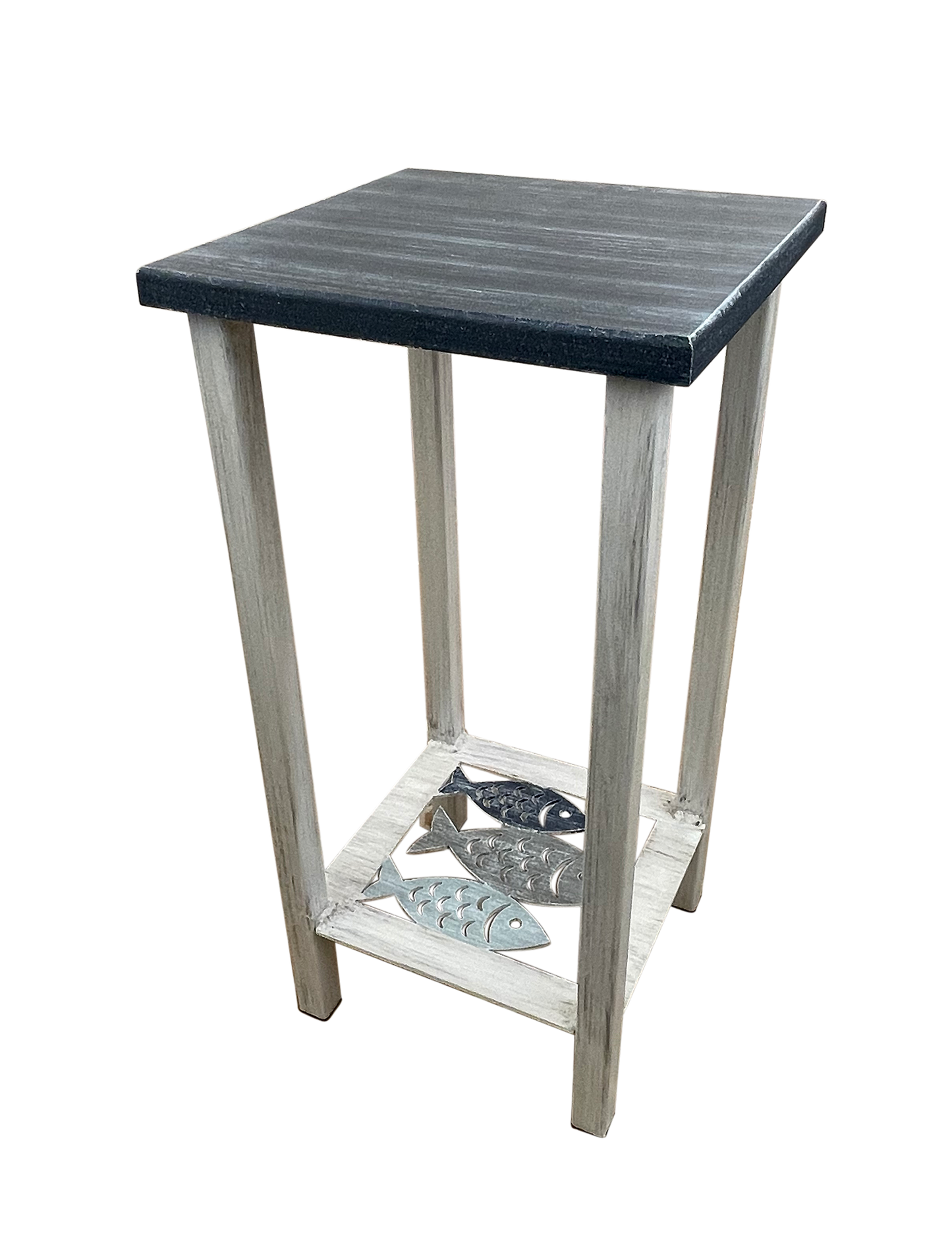 Cottage/Nautical Square Iron Drink Table with School of Fish Accent and Wood Top