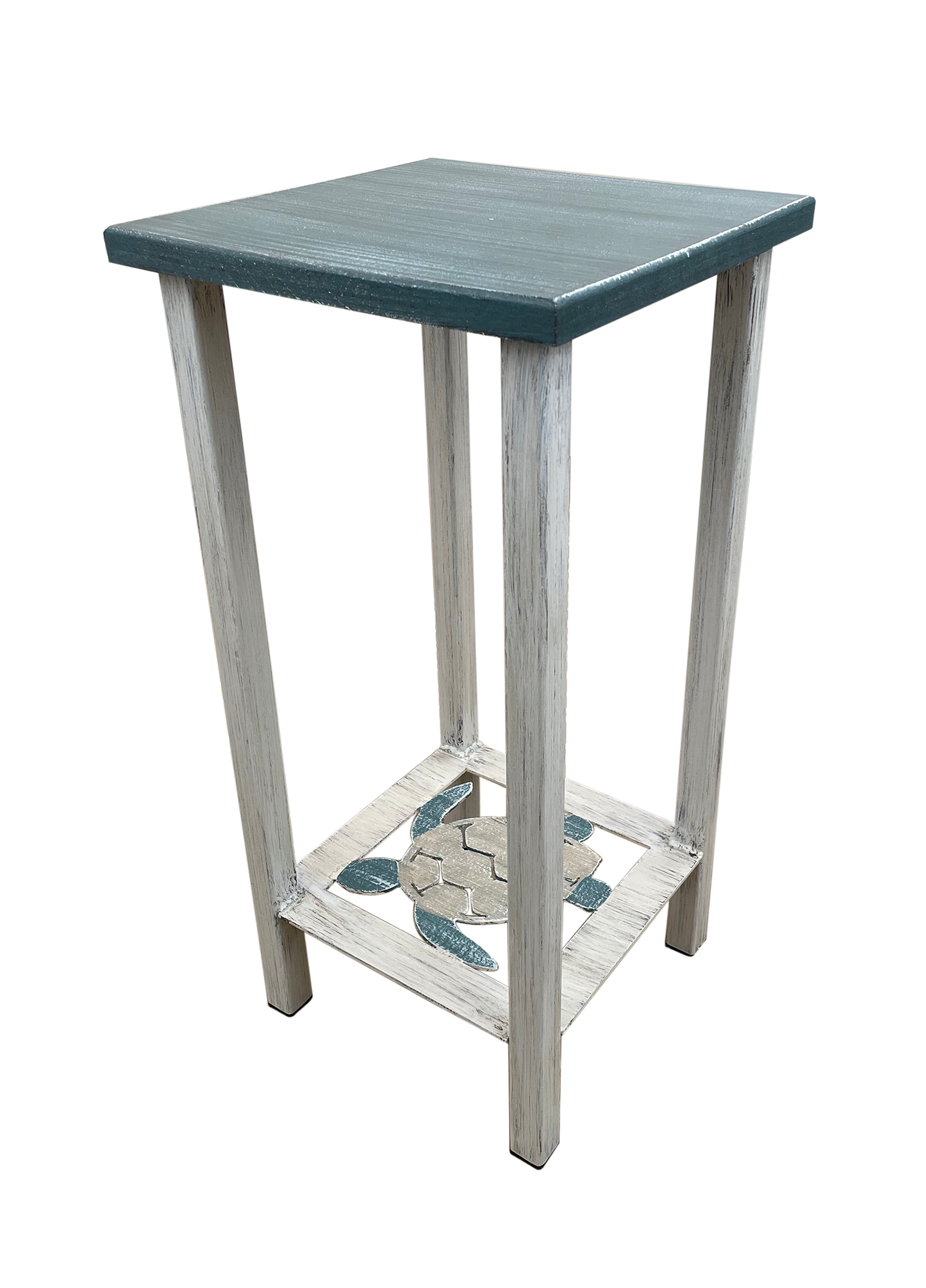 Cottage/Tide Square Iron Drink Table with Swimming Turtles Accent and Wood Top