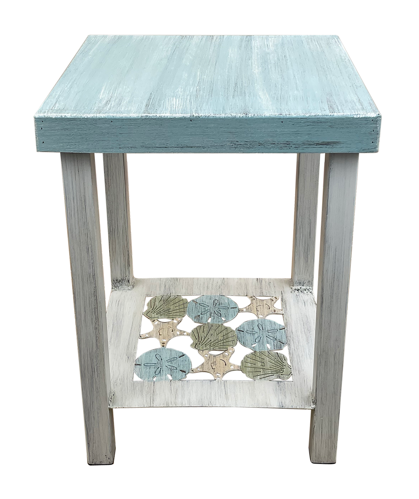 SQUARE IRON END TABLE WITH MULTI SHELL ACCENT