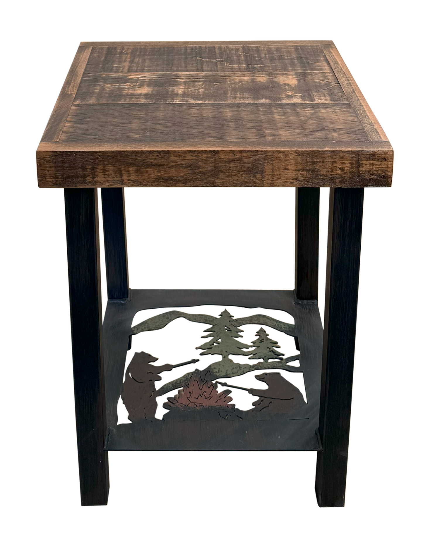 Rugged Pine/Rough Sawn Square Iron End Table with Bears Roasting Marshmallows Scene Accent and Wood Top - 23"