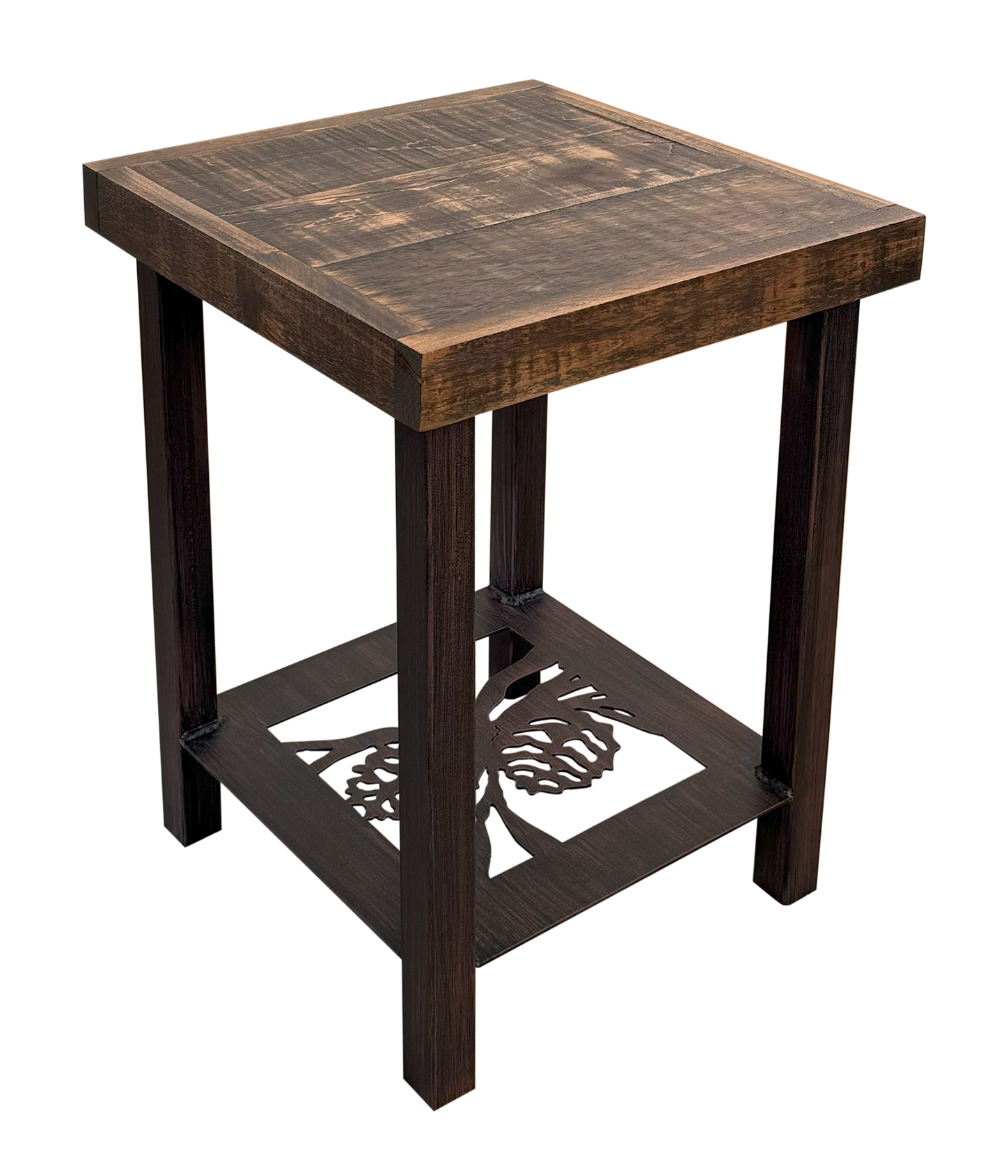 SQUARE IRON END TABLE WITH PINE CONE ACCENT AND ROUGH SAWN TOP
