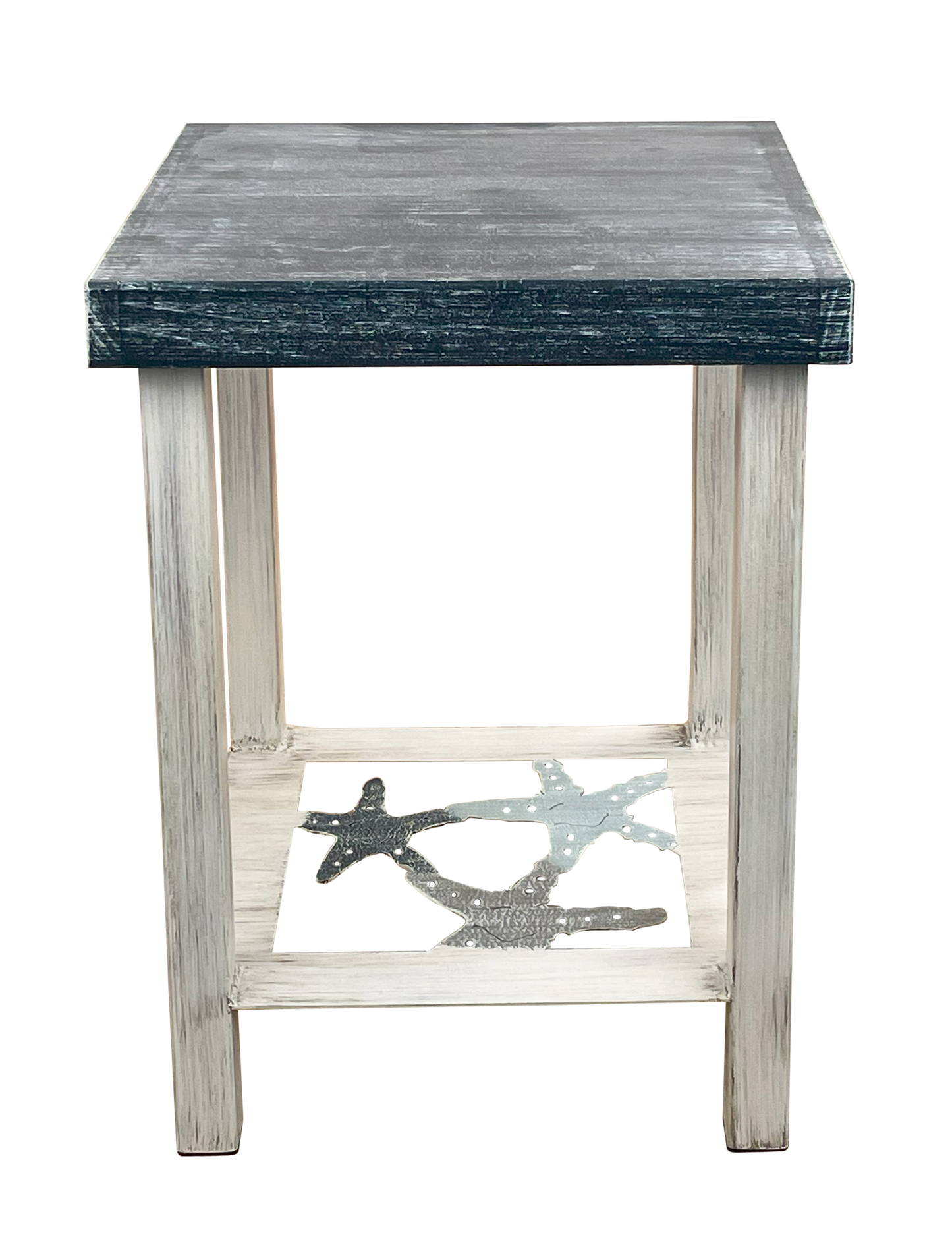 Cottage/Nautical Square Iron End Table with Starfish Accent and Wood Top