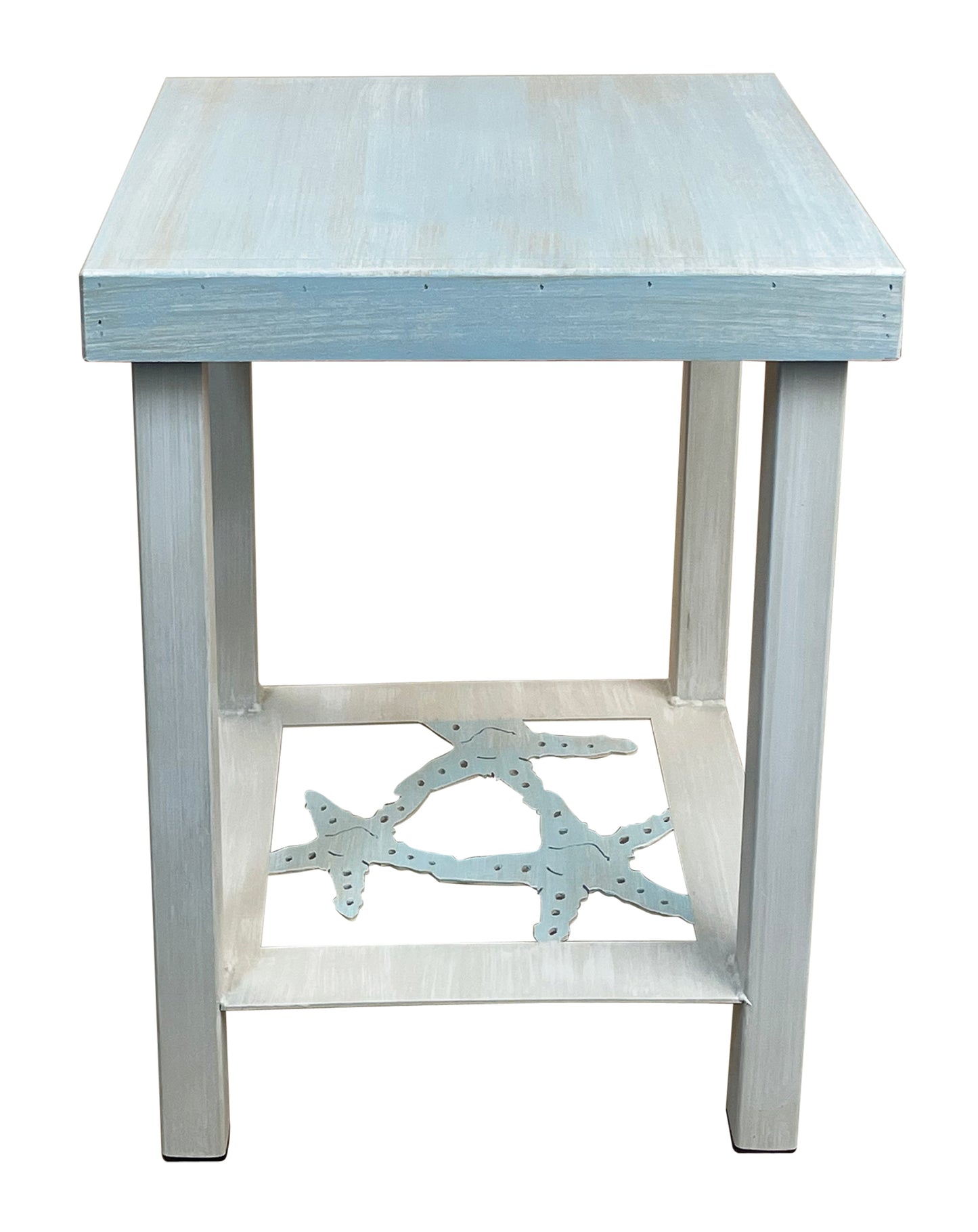 Weathered Cottage/Beachside Square Iron End Table with Starfish Accent and Wood Top