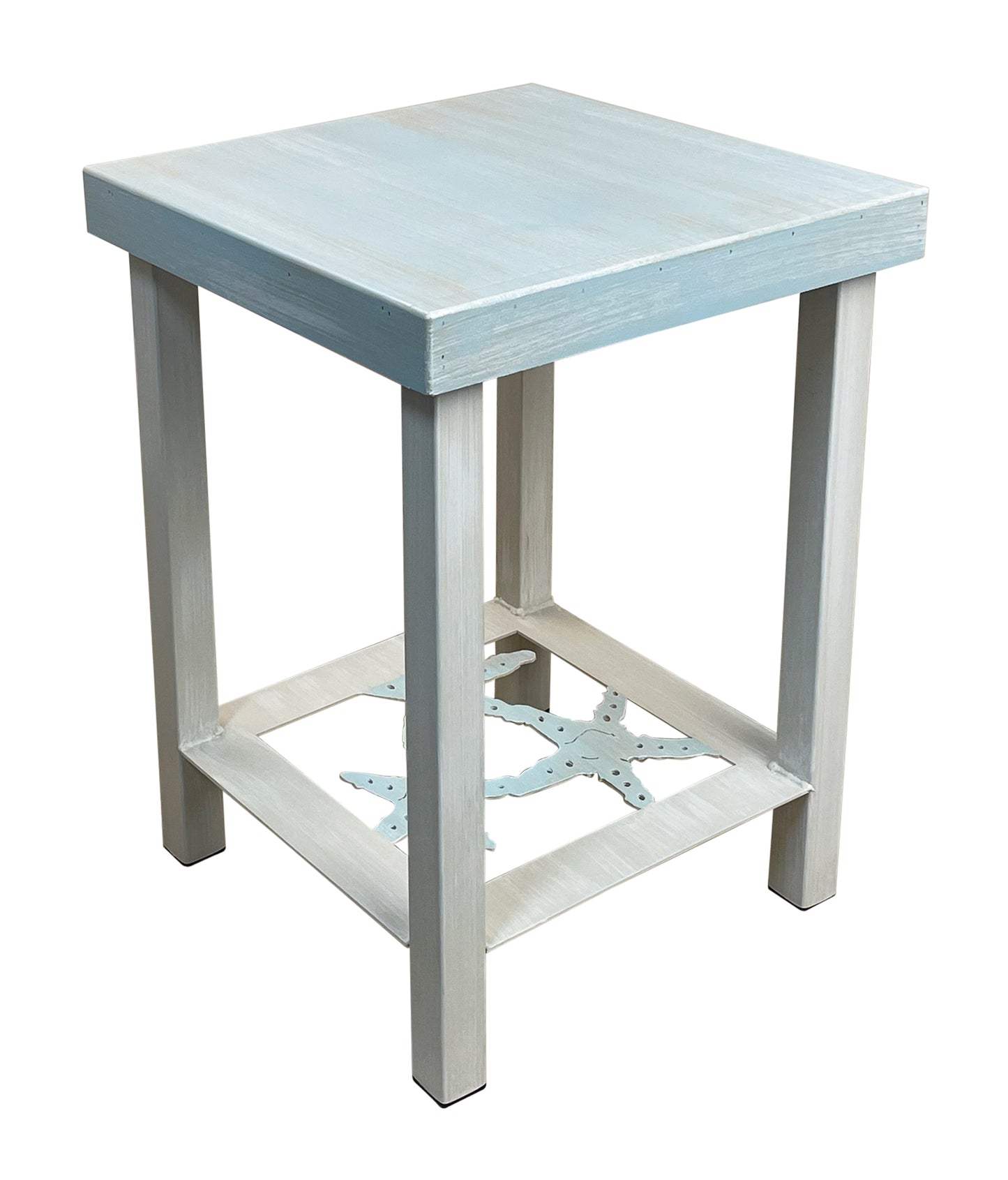 Weathered Cottage/Beachside Square Iron End Table with Starfish Accent and Wood Top