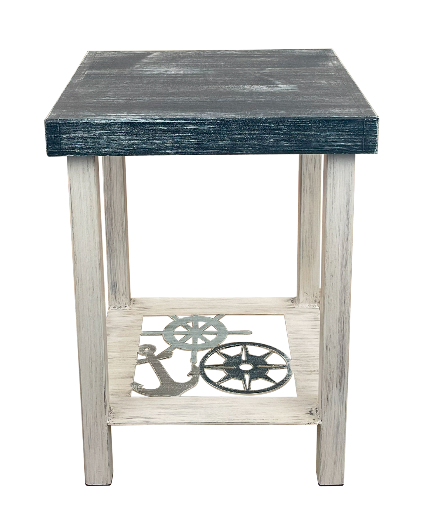 Cottage/Nautical Square Iron End Table with Nautical Scene Accent and Wood Top