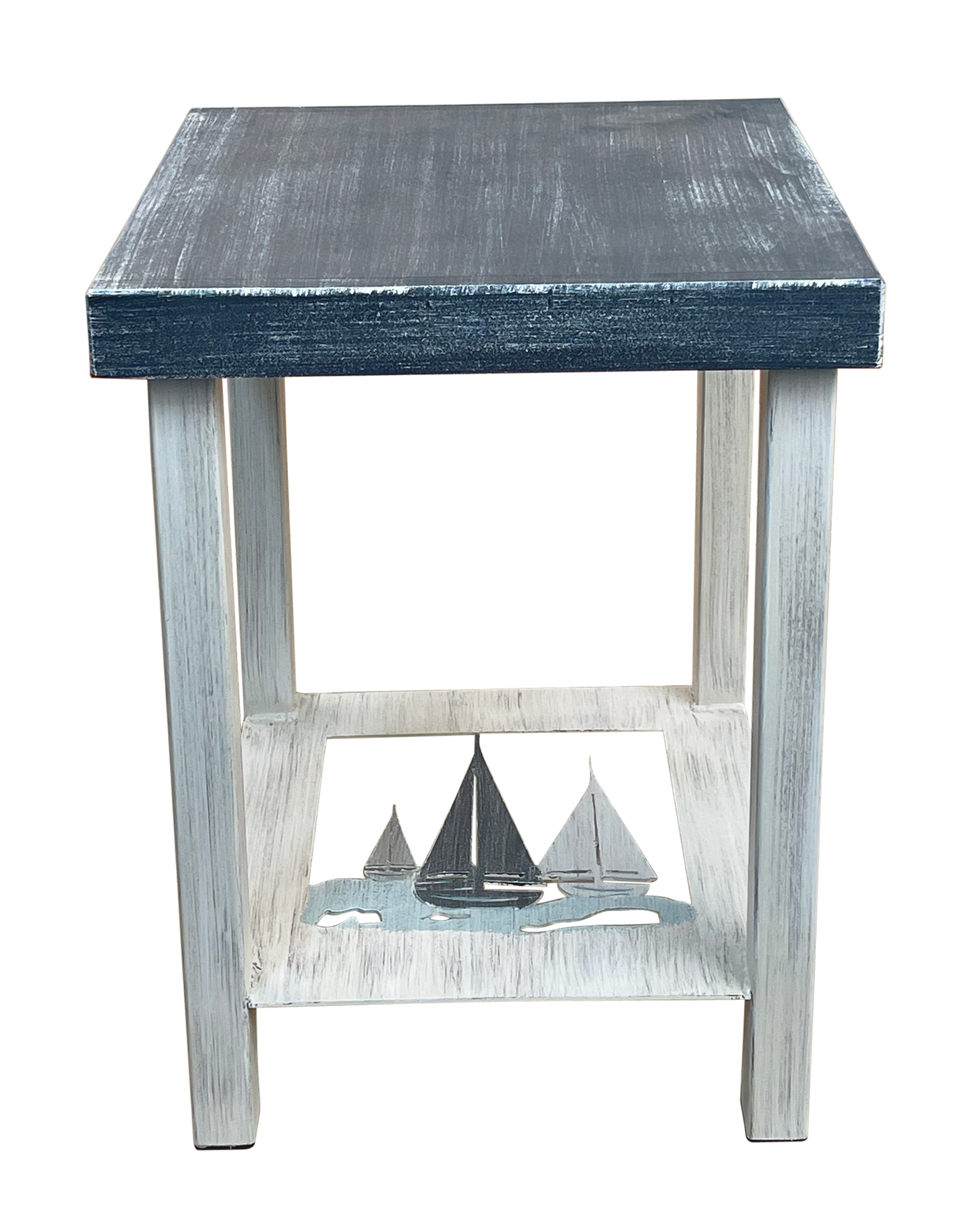 Cottage/Nautical Square Iron End Table with Nautical Sailboat Accent and Wood Top