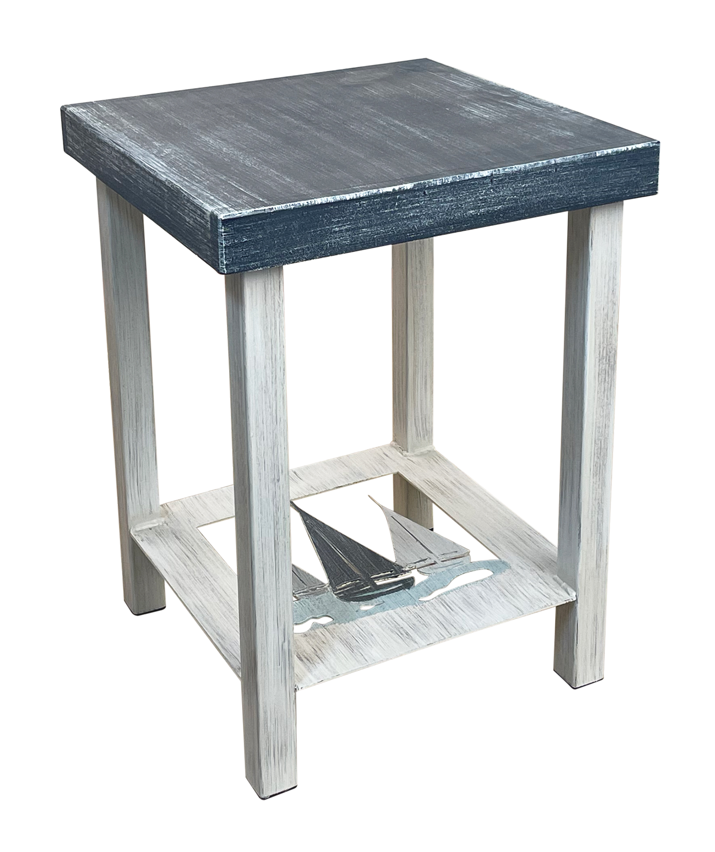 Cottage/Nautical Square Iron End Table with Nautical Sailboat Accent and Wood Top