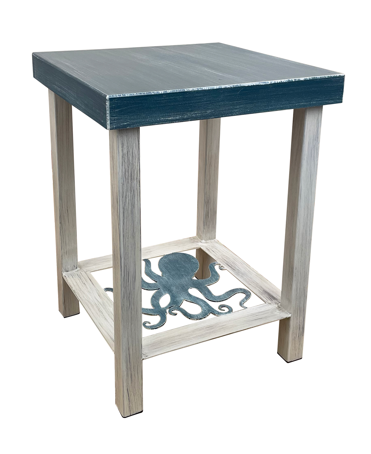 Cottage/Sea Square Iron End Table with Octopus Accent and Wood Top